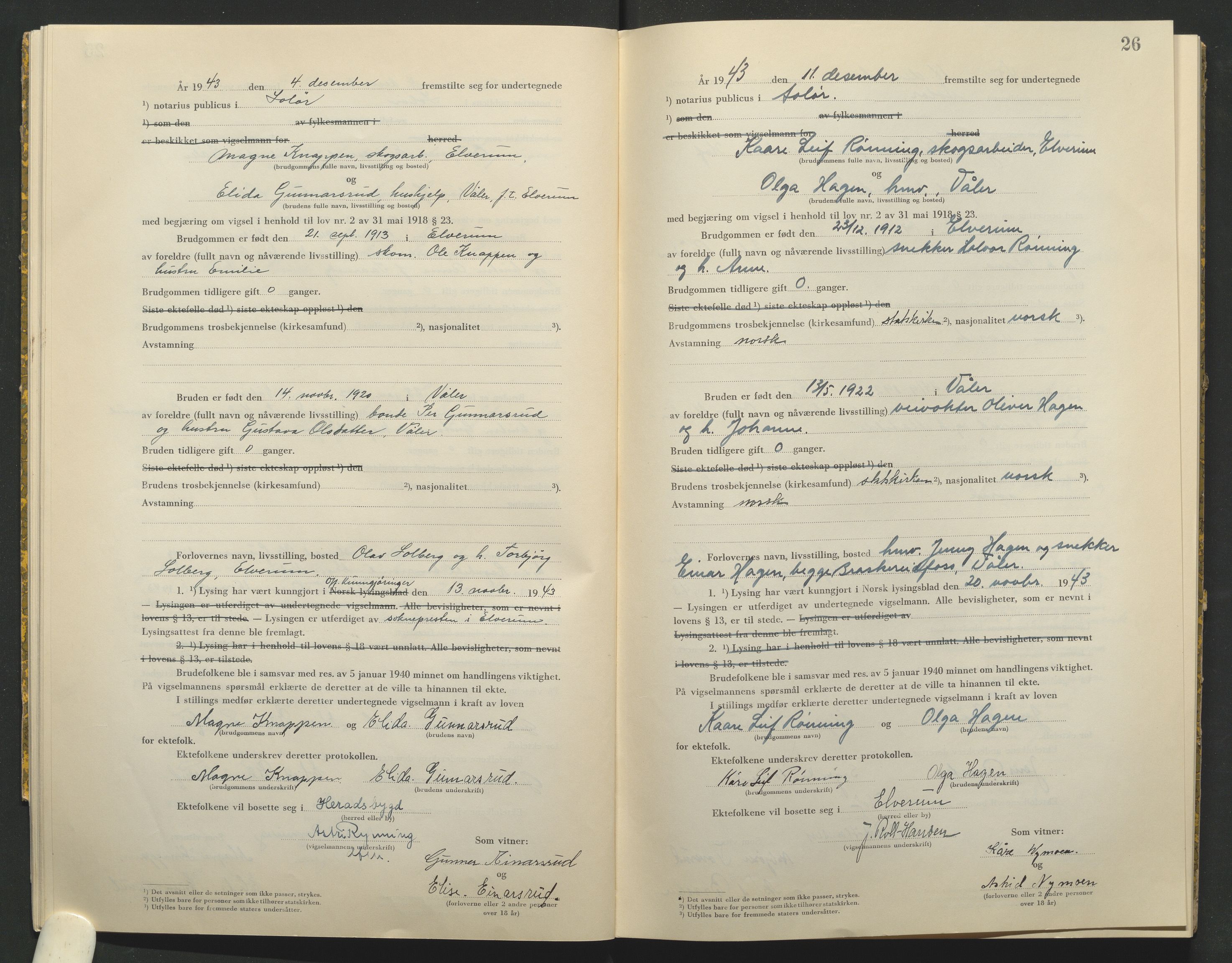 Solør tingrett, AV/SAH-TING-008/L/Lb/L0002: Vigselprotokoll, 1943-1944, p. 26