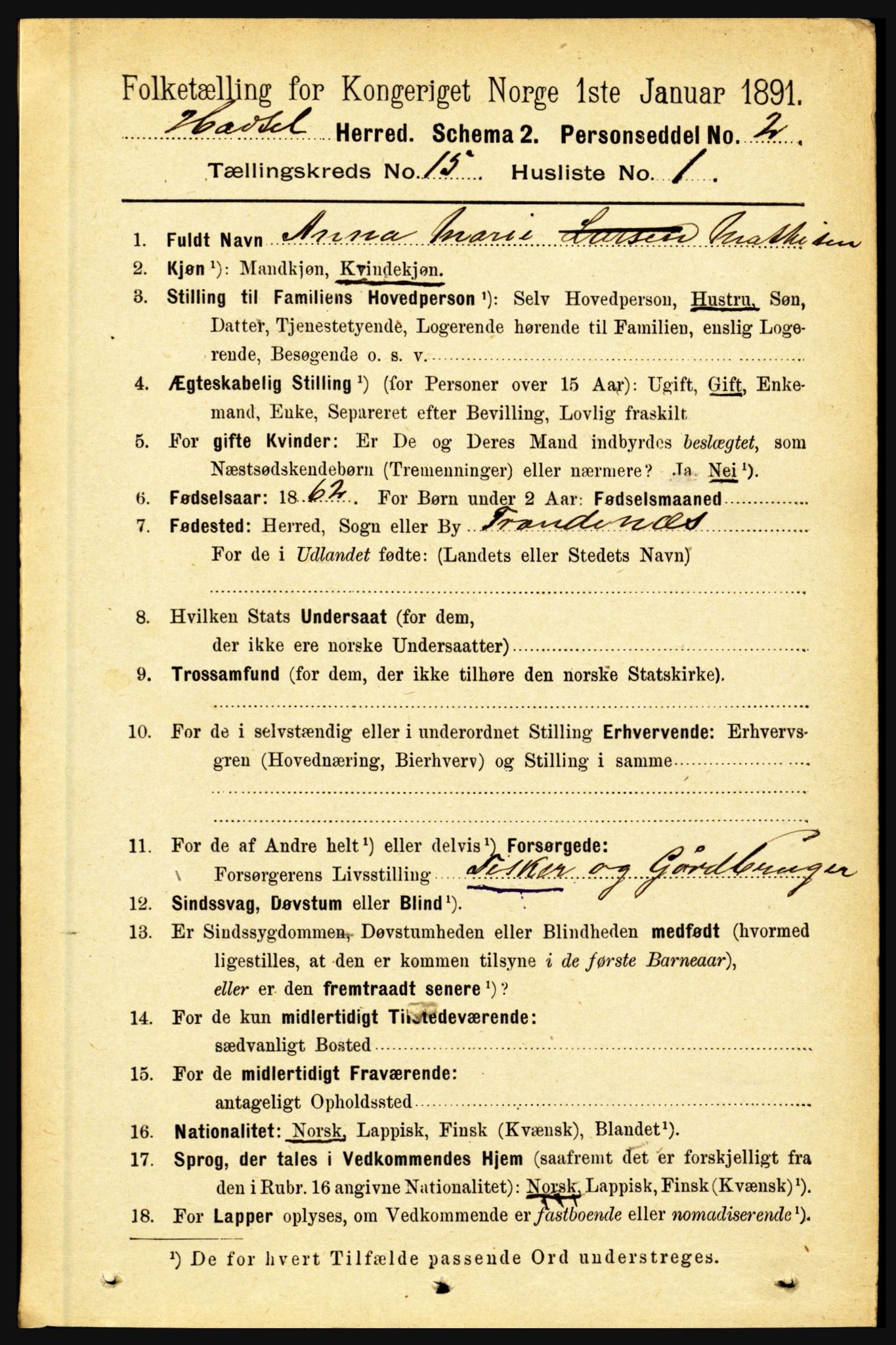 RA, 1891 census for 1866 Hadsel, 1891, p. 6821