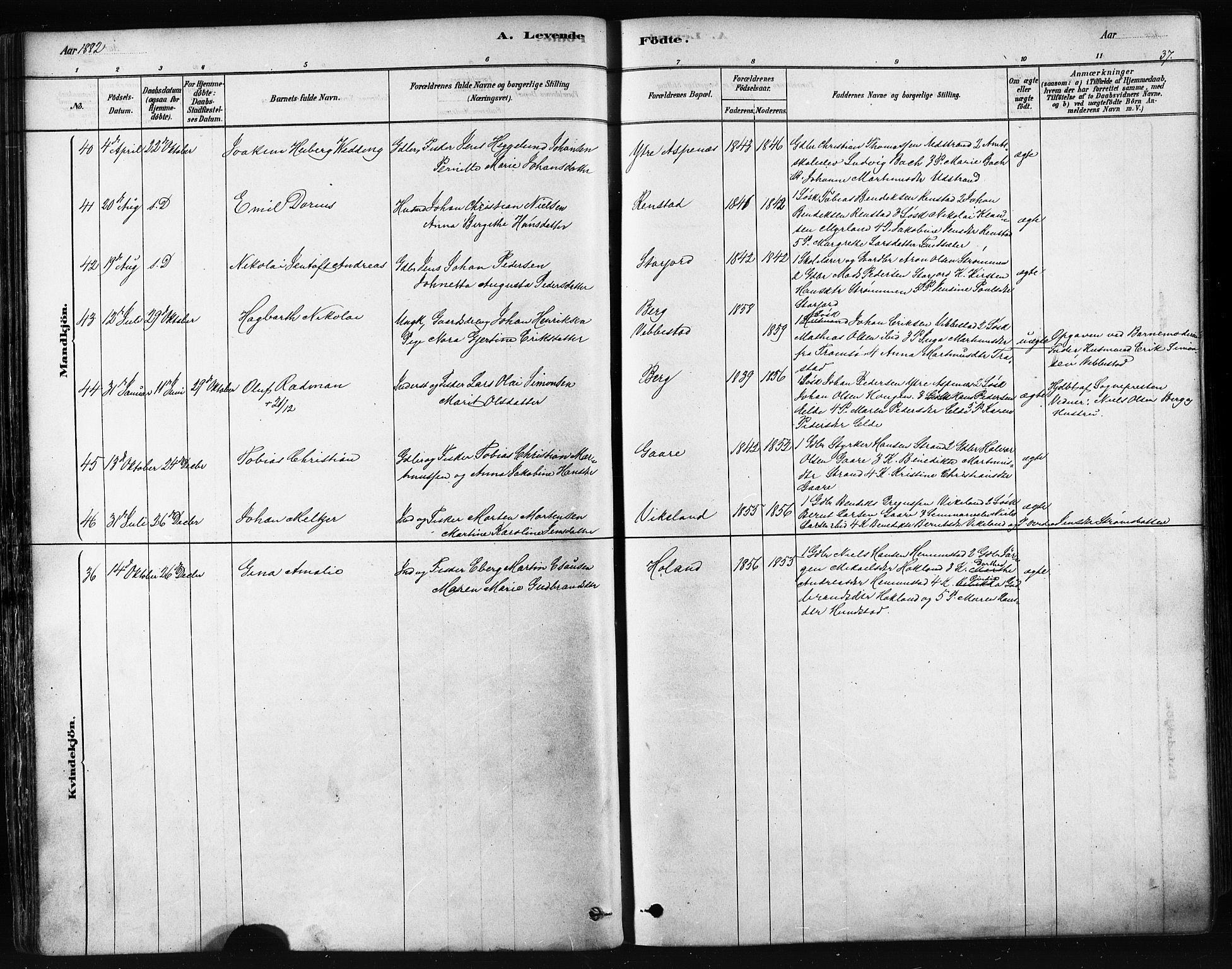 Kvæfjord sokneprestkontor, SATØ/S-1323/G/Ga/Gaa/L0005kirke: Parish register (official) no. 5, 1878-1894, p. 37