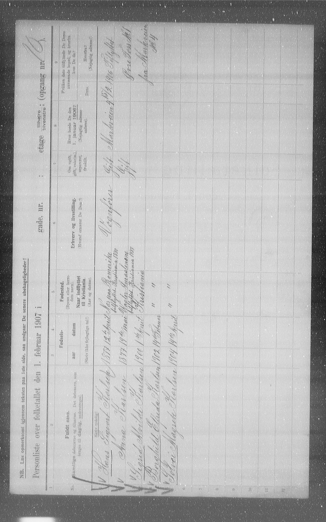 OBA, Municipal Census 1907 for Kristiania, 1907, p. 66113