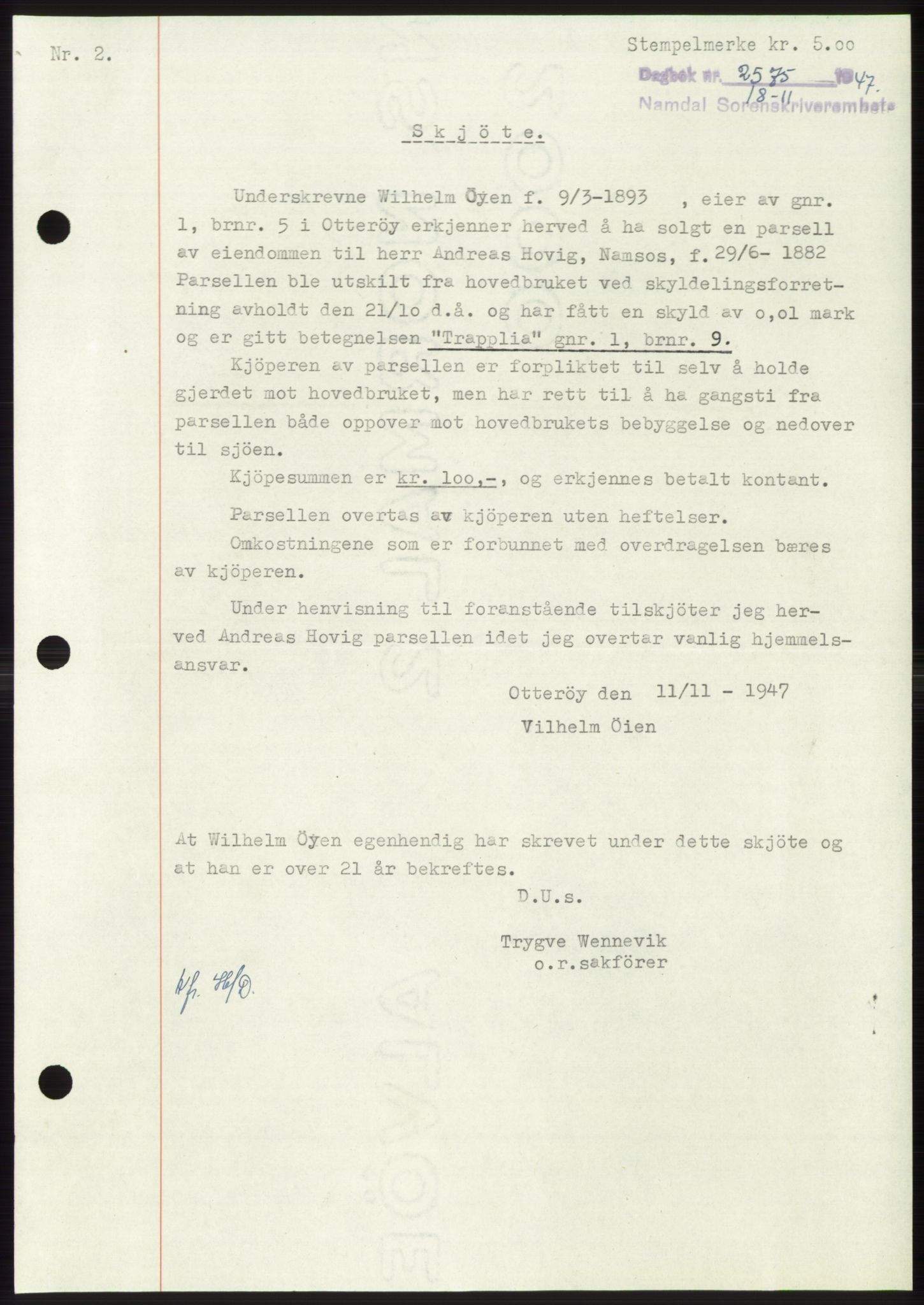 Namdal sorenskriveri, SAT/A-4133/1/2/2C: Mortgage book no. -, 1947-1948, Diary no: : 2575/1947