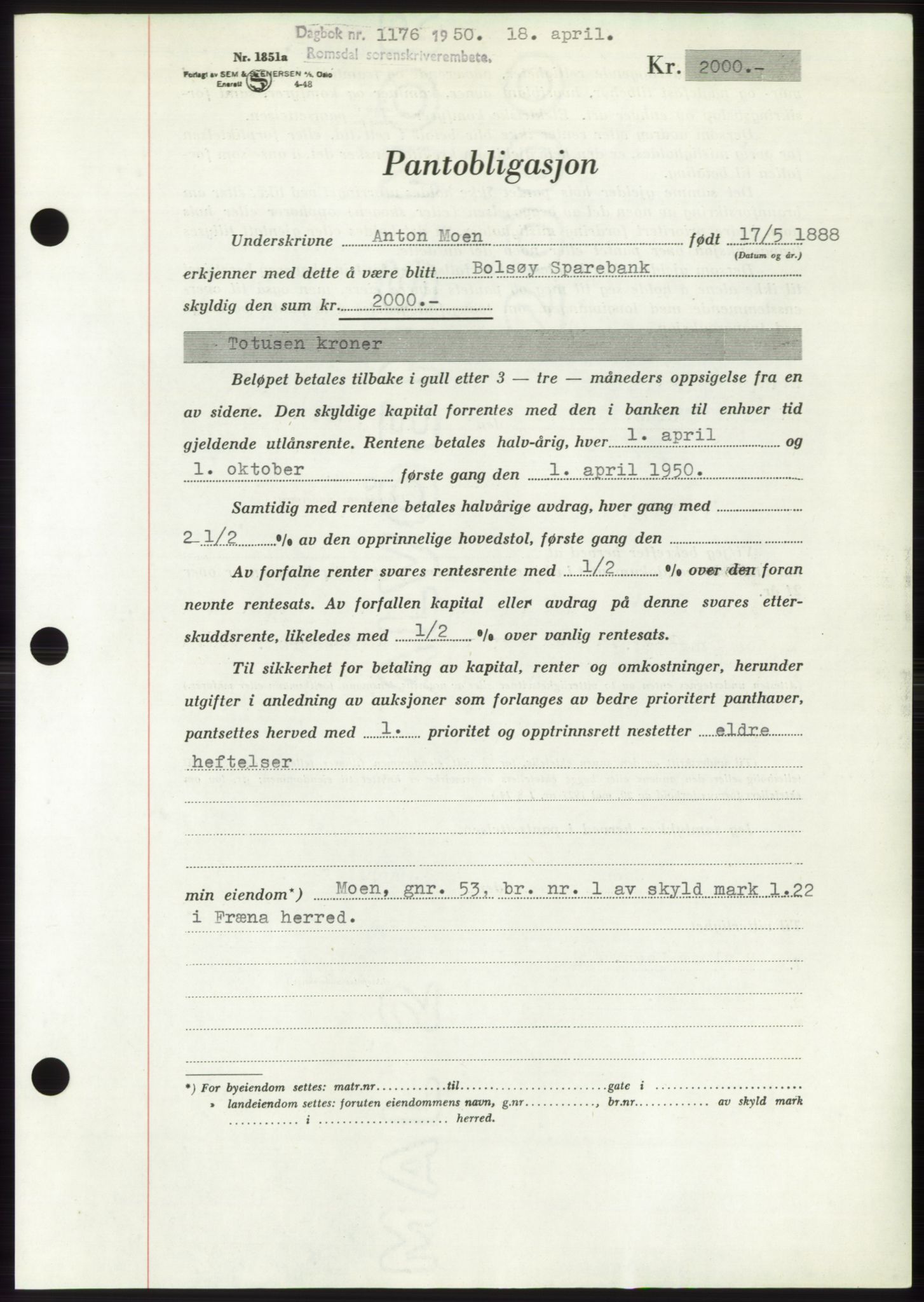 Romsdal sorenskriveri, AV/SAT-A-4149/1/2/2C: Mortgage book no. B5, 1949-1950, Diary no: : 1176/1950