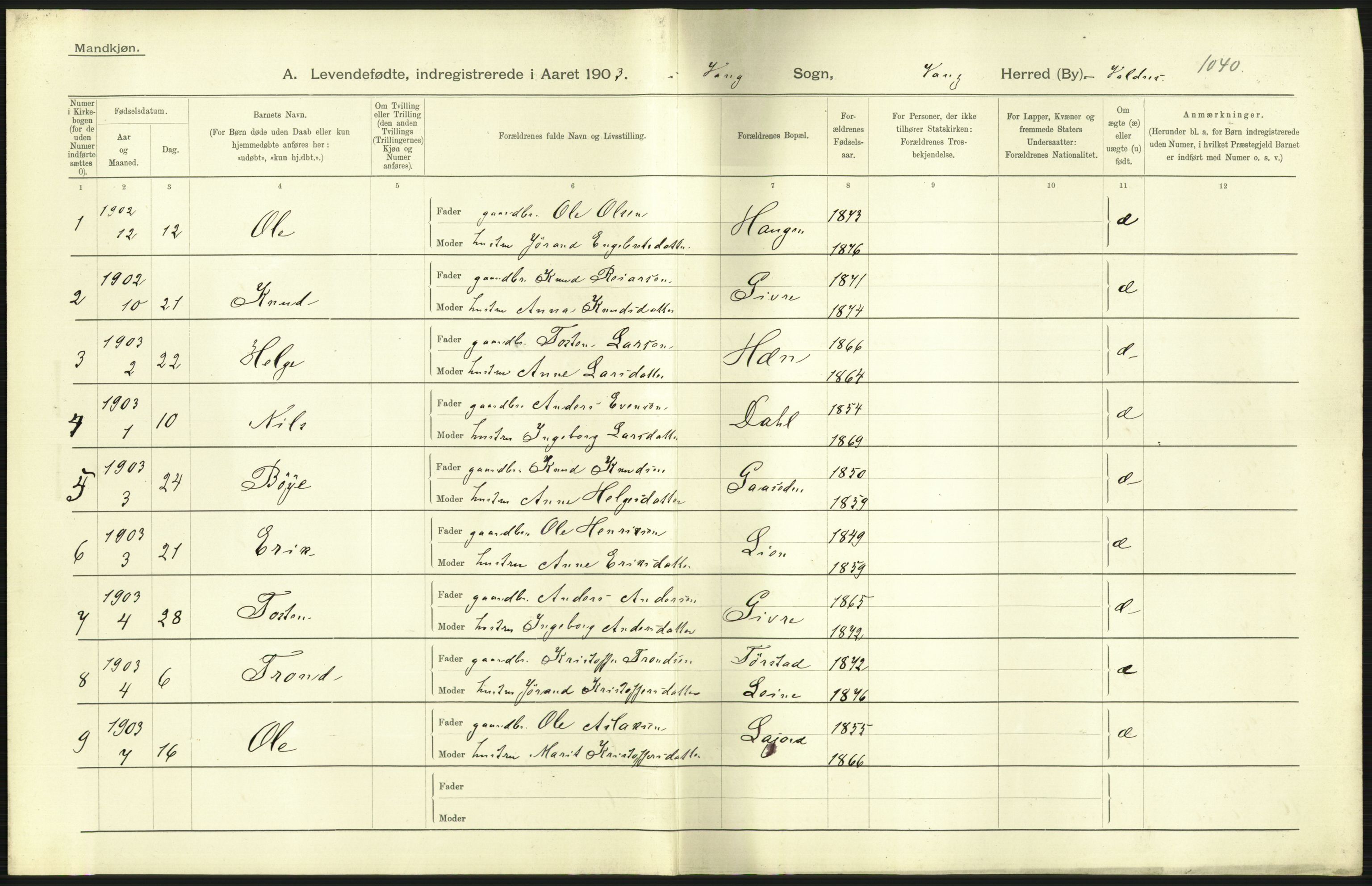 Statistisk sentralbyrå, Sosiodemografiske emner, Befolkning, AV/RA-S-2228/D/Df/Dfa/Dfaa/L0006: Kristians amt: Fødte, gifte, døde, 1903, p. 383