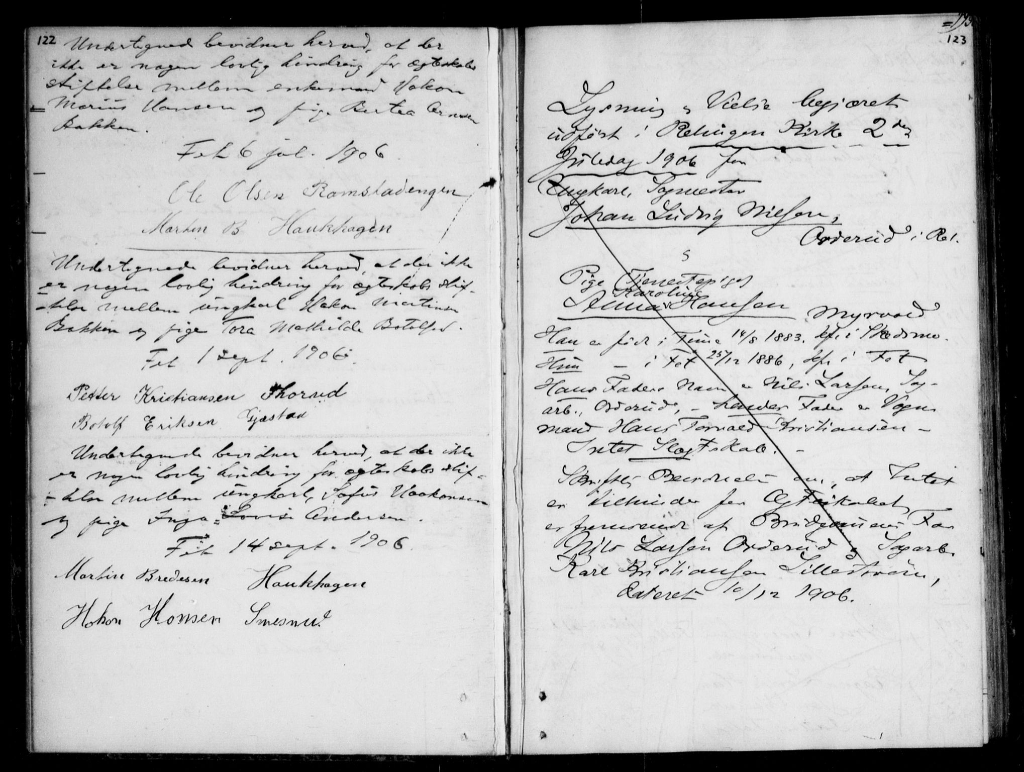 Fet prestekontor Kirkebøker, SAO/A-10370a/H/Ha/L0001: Banns register no. 1, 1906-1919, p. 122-123