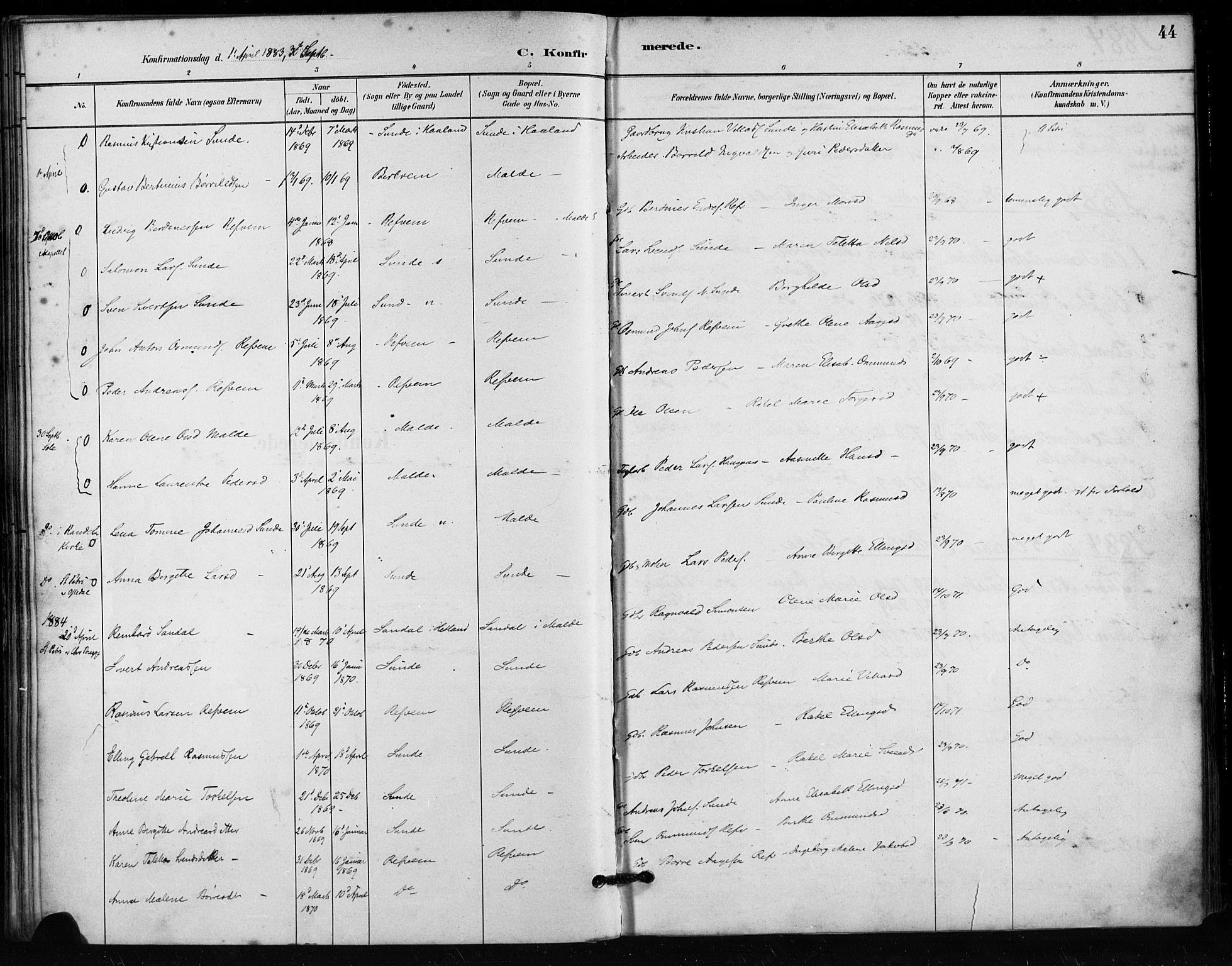 Håland sokneprestkontor, SAST/A-101802/001/30BA/L0011: Parish register (official) no. A 10, 1883-1900, p. 44
