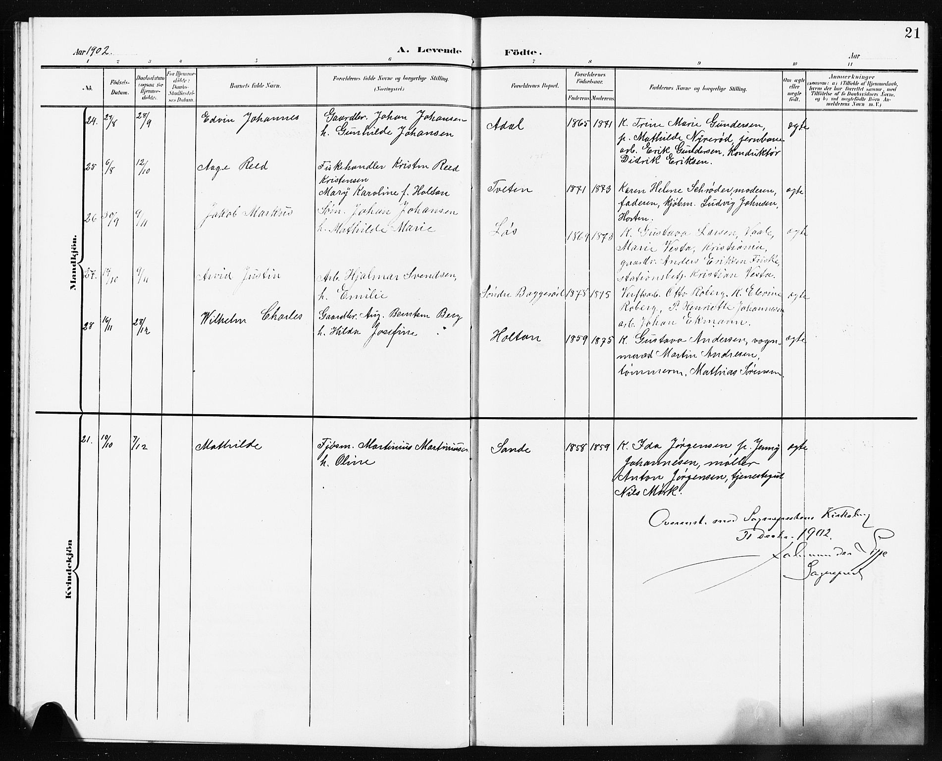 Borre kirkebøker, AV/SAKO-A-338/G/Ga/L0005: Parish register (copy) no. I 5, 1898-1910, p. 21