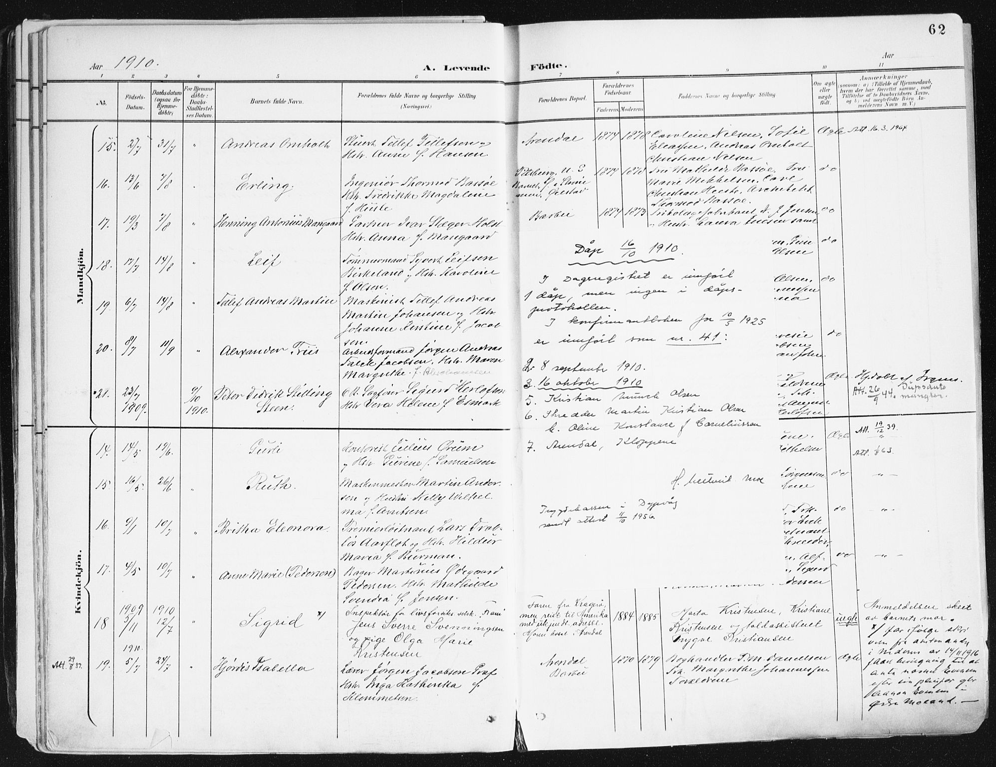 Arendal sokneprestkontor, Trefoldighet, SAK/1111-0040/F/Fa/L0010: Parish register (official) no. A 10, 1900-1919, p. 62