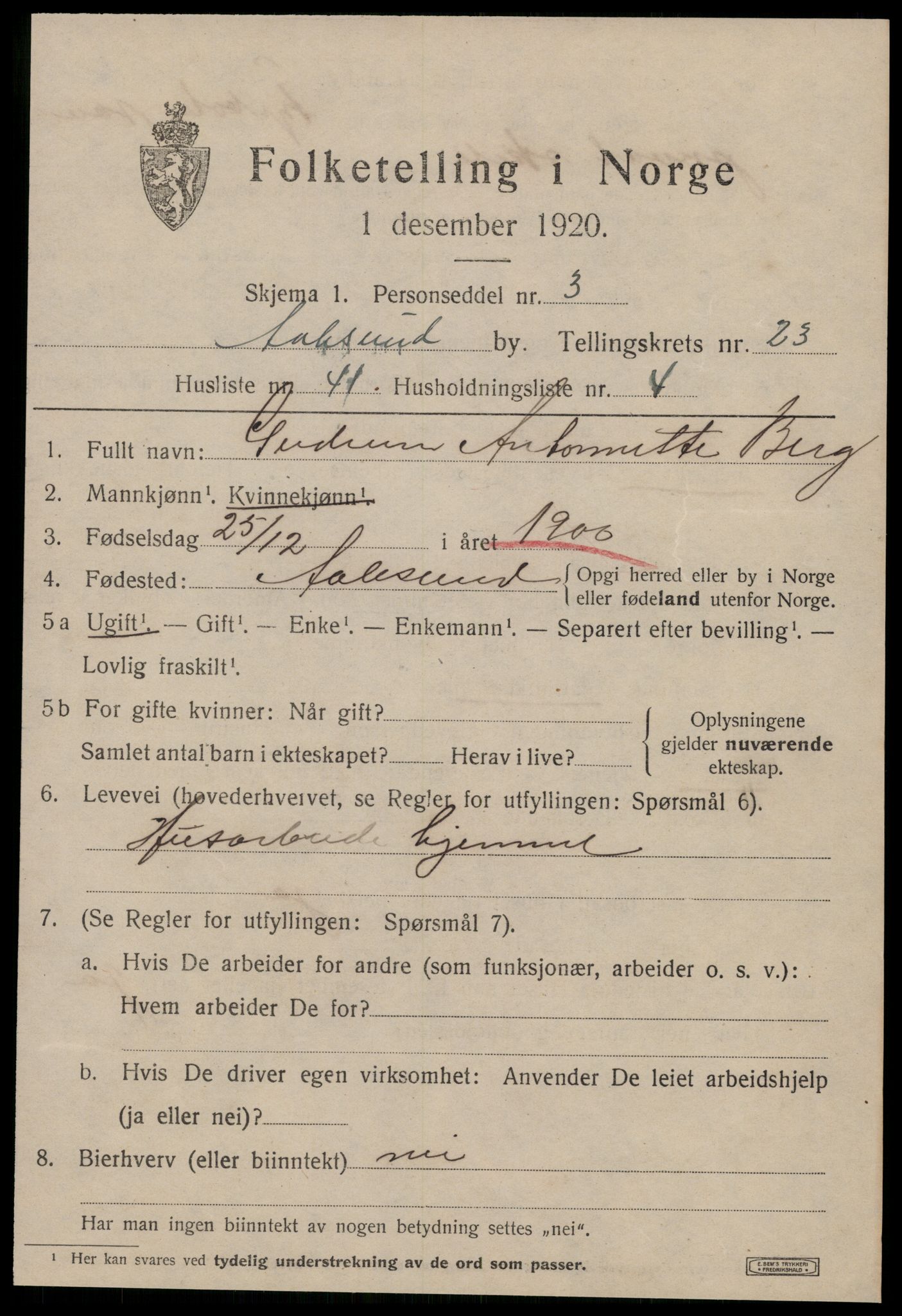 SAT, 1920 census for Ålesund, 1920, p. 43214