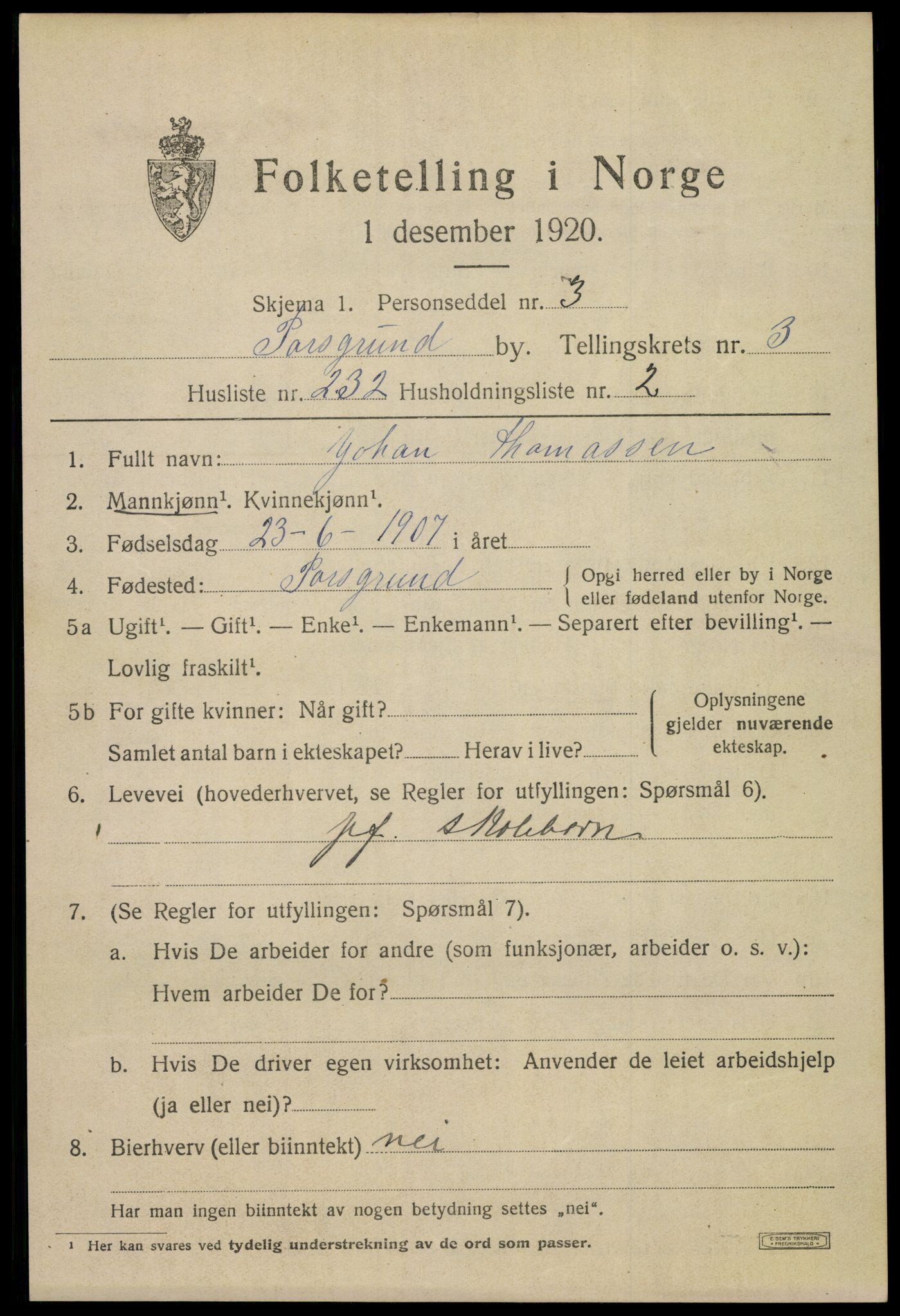 SAKO, 1920 census for Porsgrunn, 1920, p. 17373