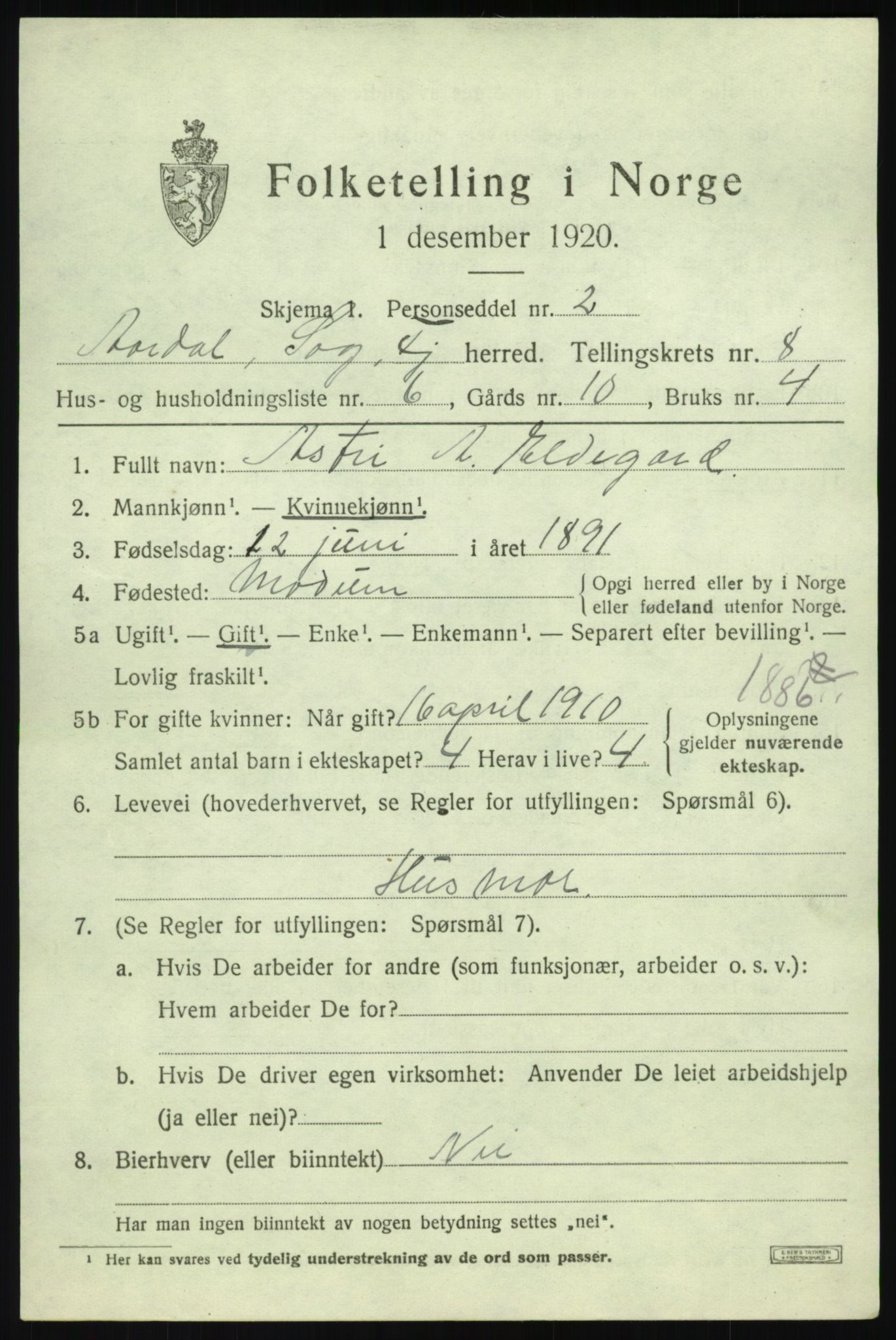 SAB, 1920 census for Årdal, 1920, p. 3597