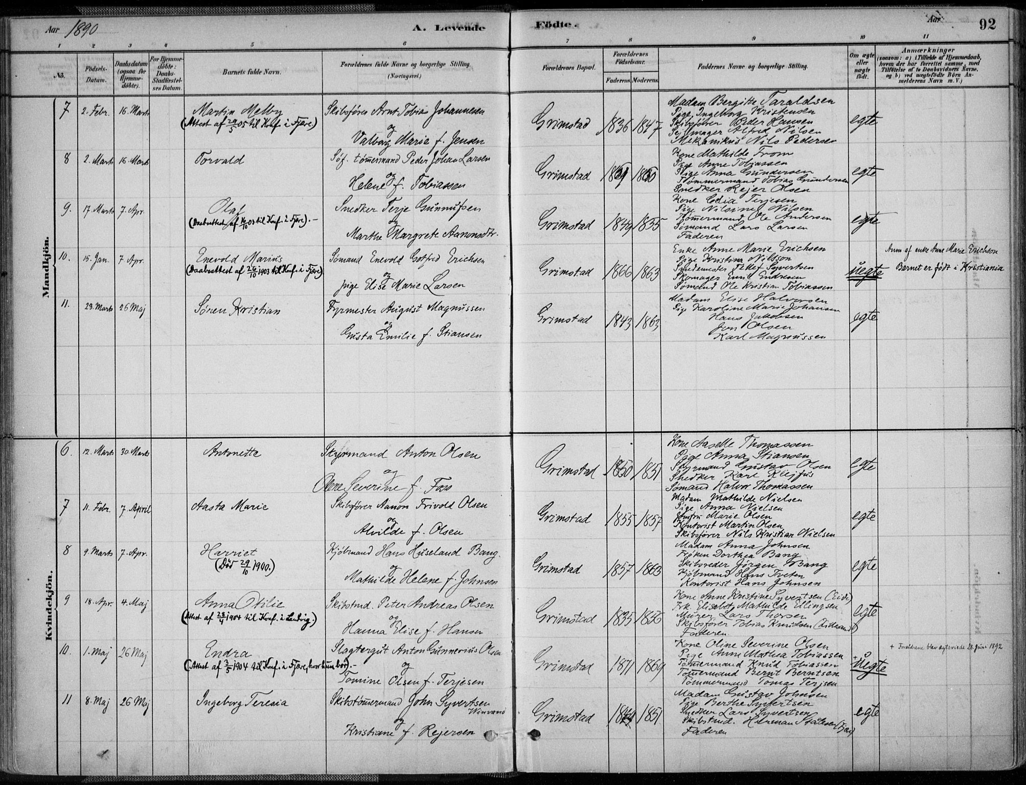 Grimstad sokneprestkontor, AV/SAK-1111-0017/F/Fa/L0003: Parish register (official) no. A 2, 1882-1912, p. 92