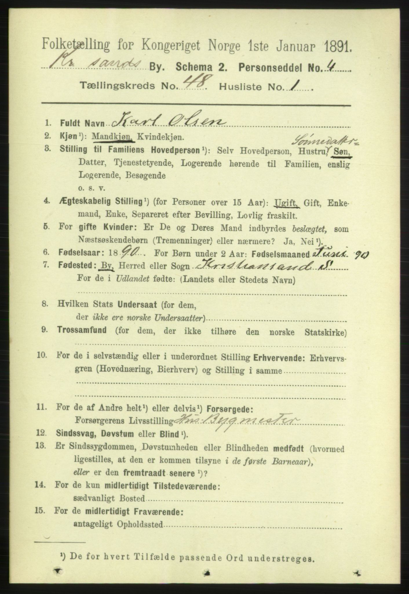 RA, 1891 census for 1001 Kristiansand, 1891, p. 14678