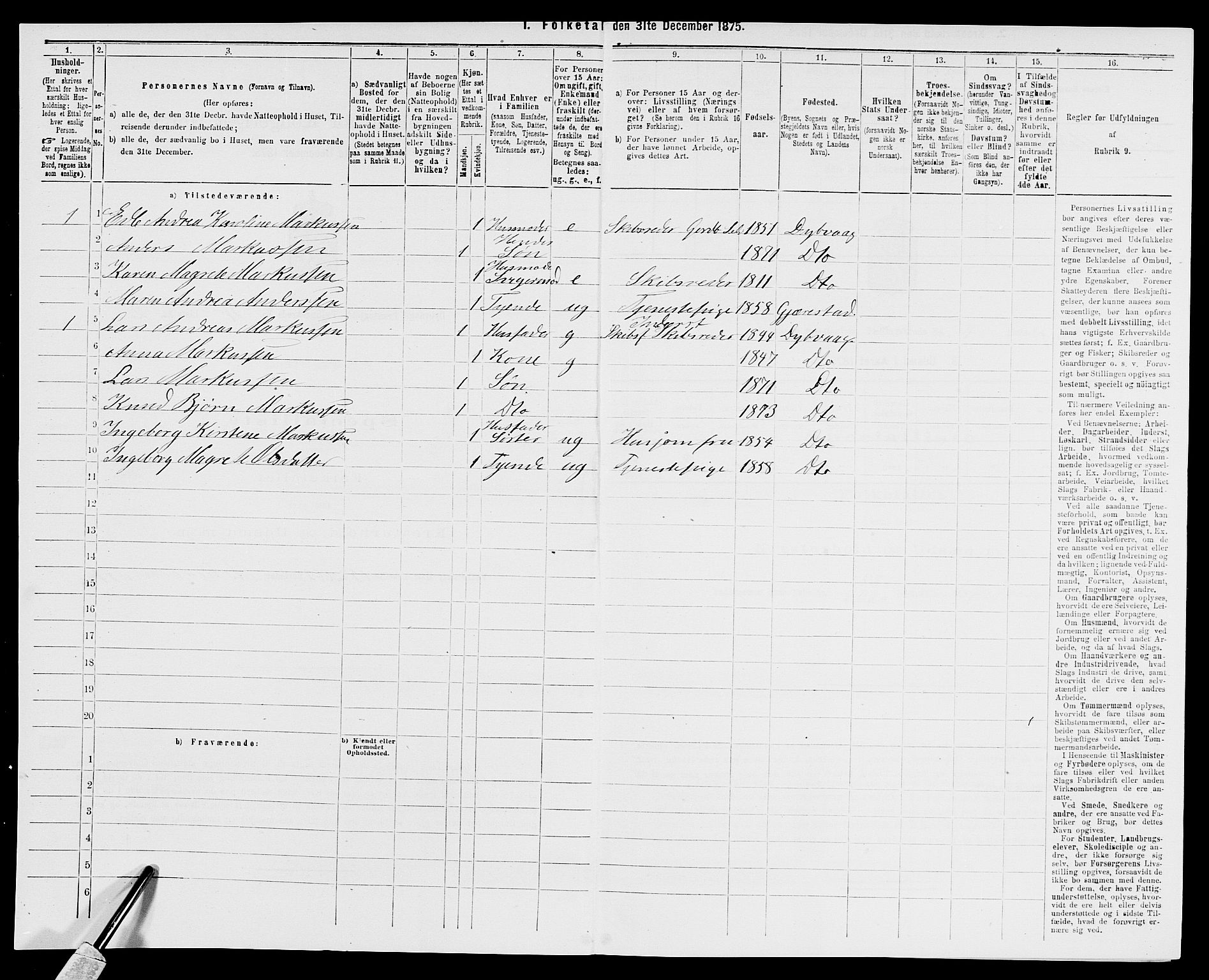 SAK, 1875 census for 0915P Dypvåg, 1875, p. 433