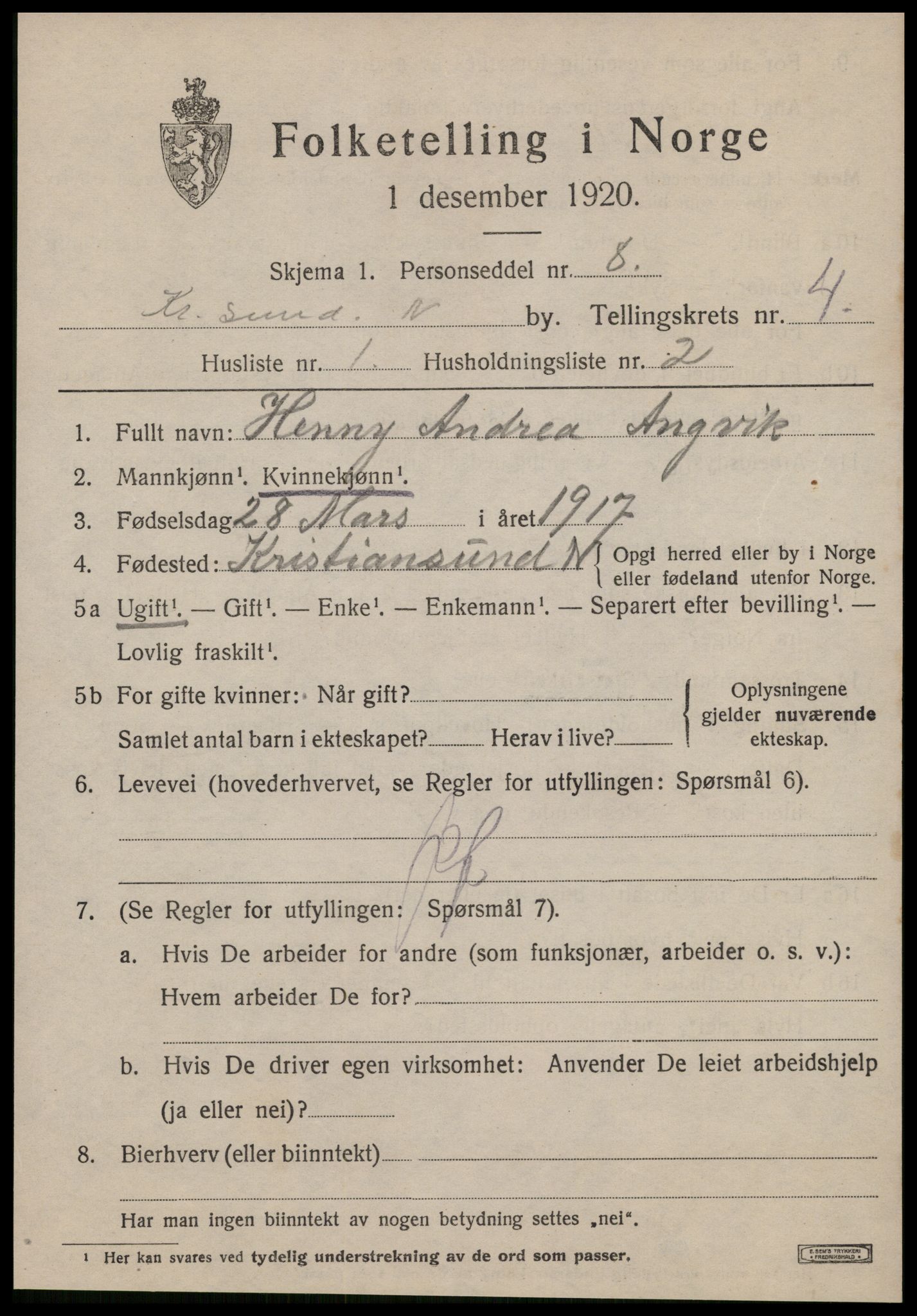 SAT, 1920 census for Kristiansund, 1920, p. 14915
