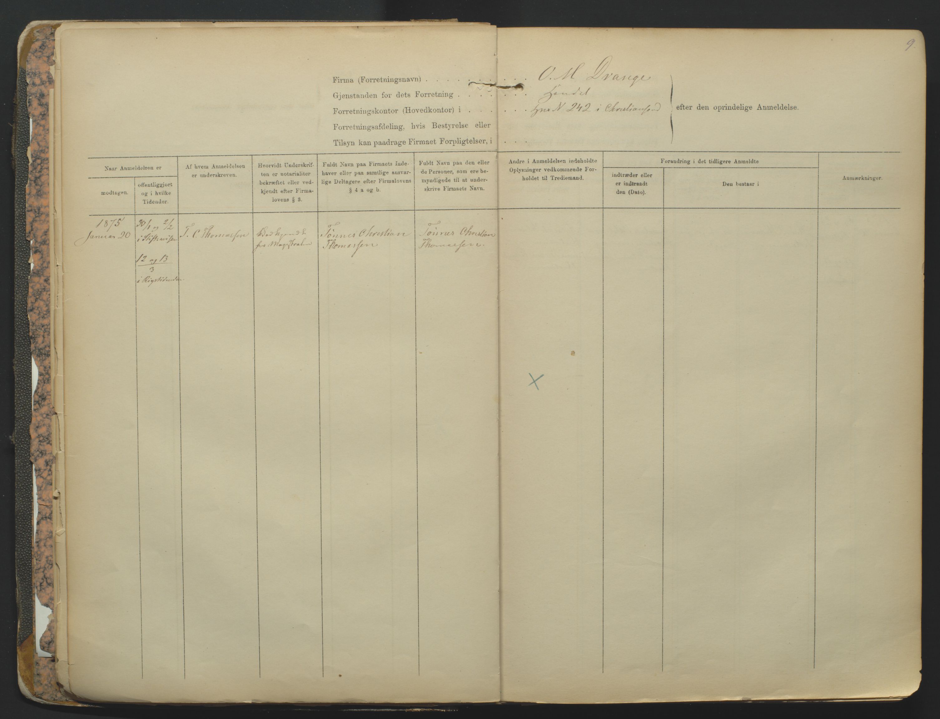Kristiansand byrett, SAK/1223-0001/K/Kb/L0001: Firmaregister A, med register, 1874-1890, p. 9