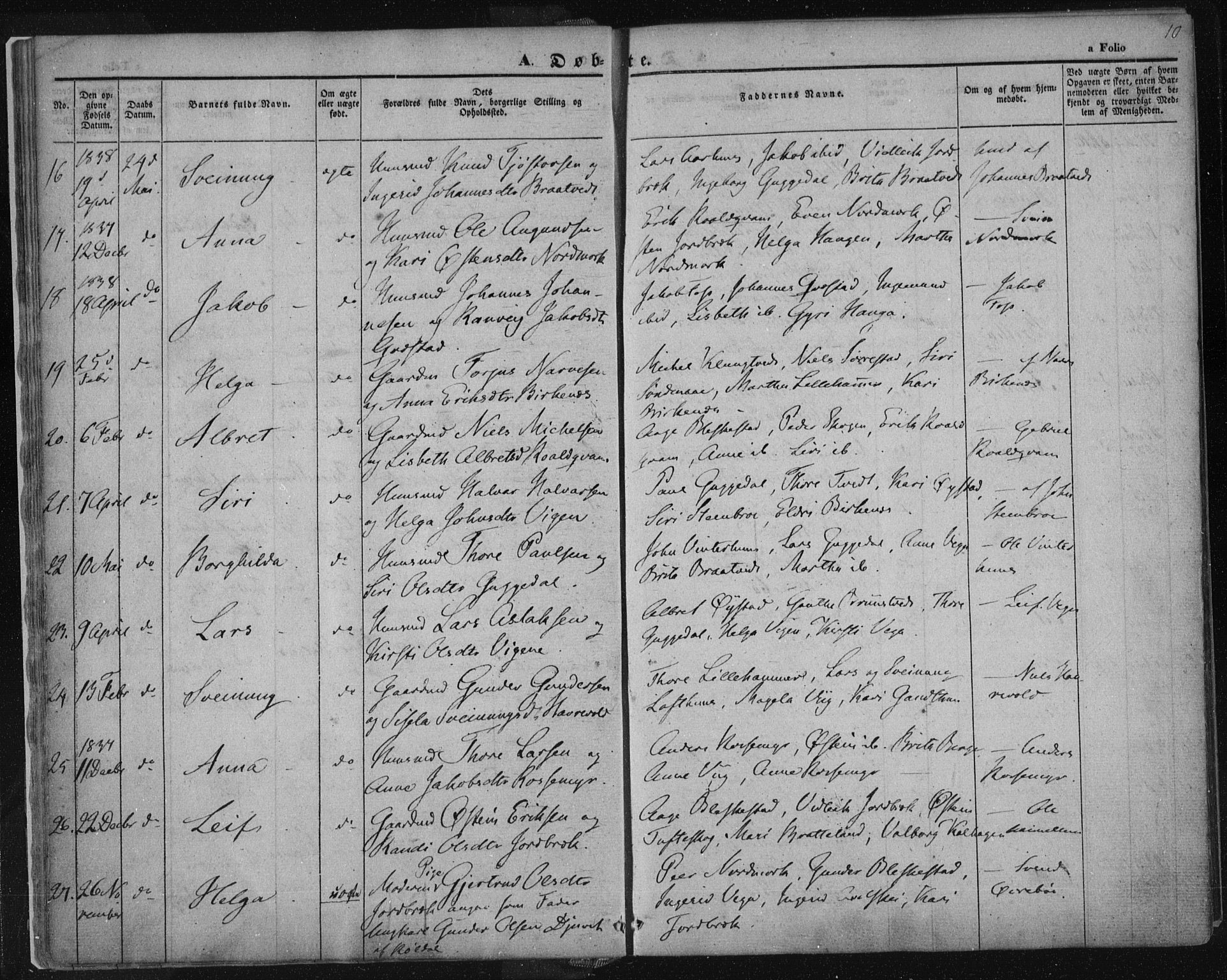 Suldal sokneprestkontor, SAST/A-101845/01/IV/L0008: Parish register (official) no. A 8, 1836-1853, p. 10