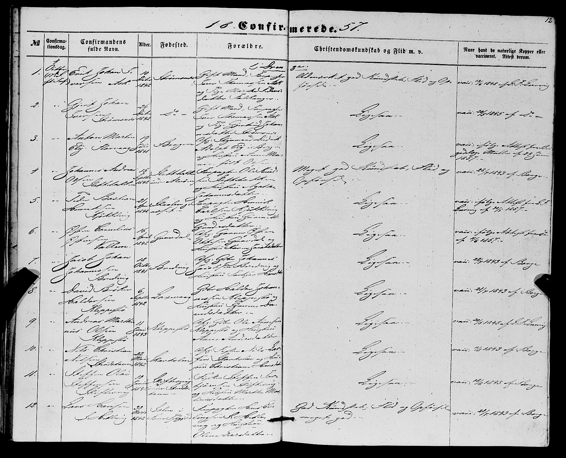 Askøy Sokneprestembete, SAB/A-74101/H/Ha/Haa/Haaa/L0012: Parish register (official) no. A 12, 1855-1877, p. 12