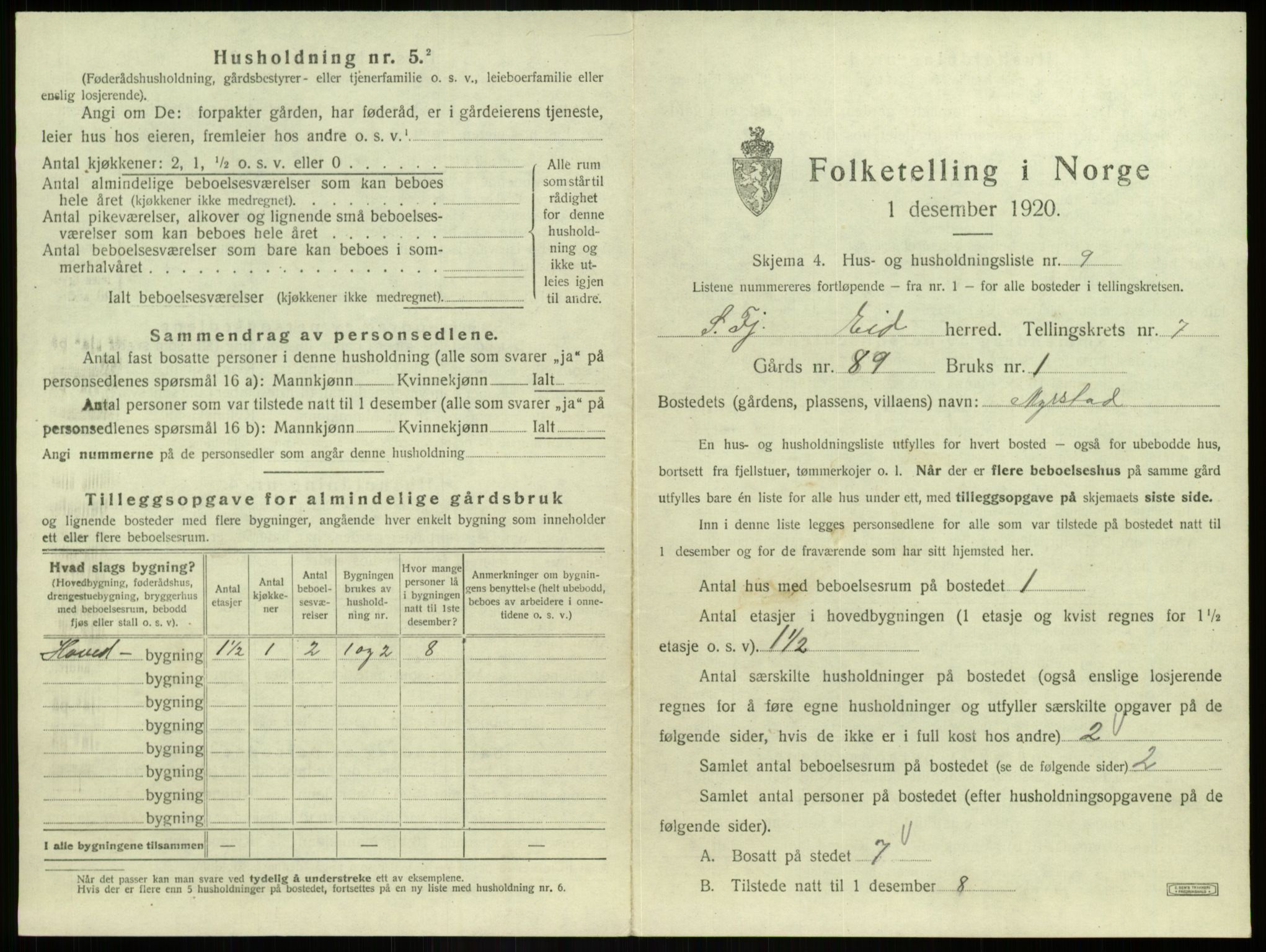 SAB, 1920 census for Eid, 1920, p. 439