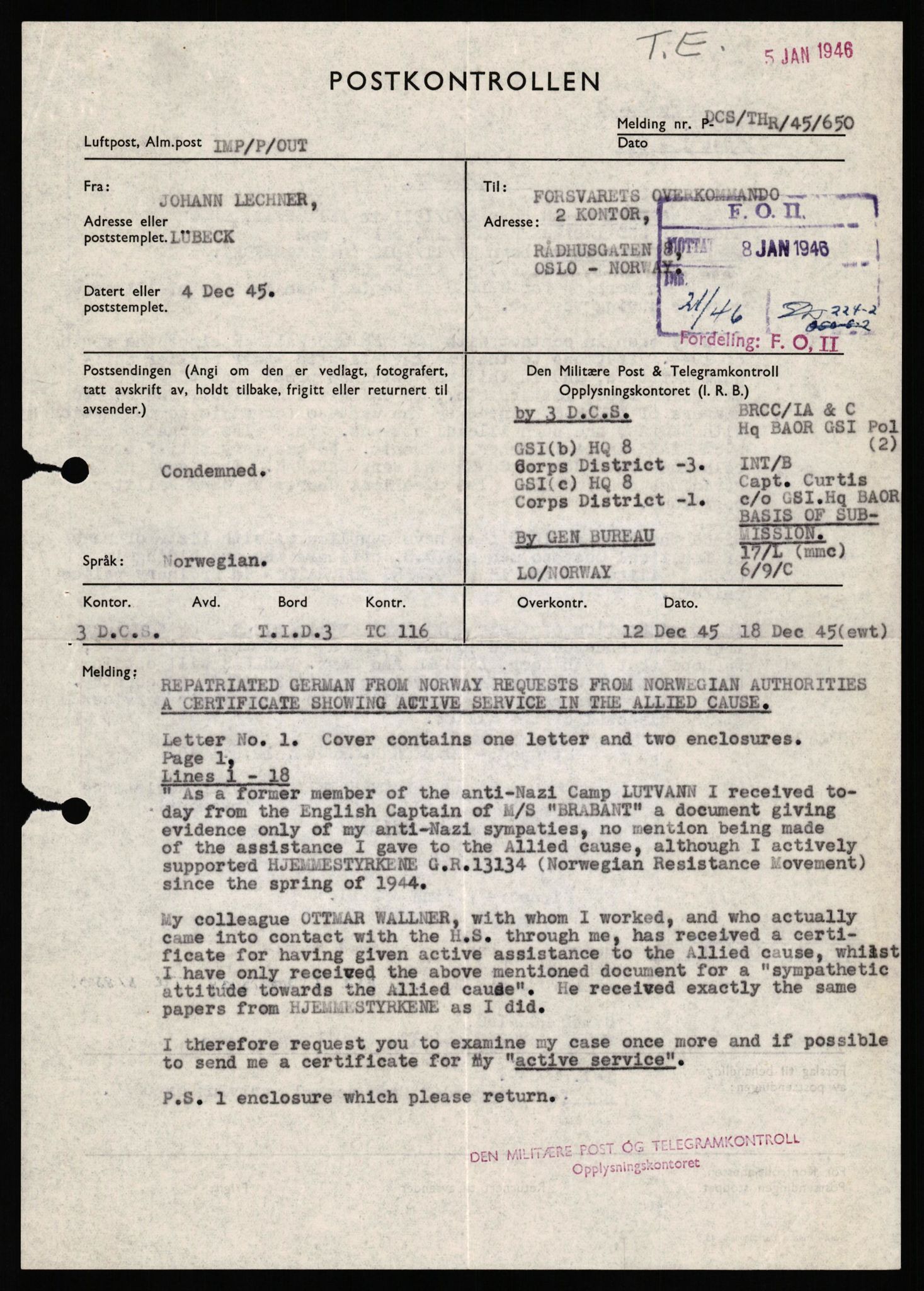 Forsvaret, Forsvarets overkommando II, AV/RA-RAFA-3915/D/Db/L0039: CI Questionaires. Tyske okkupasjonsstyrker i Norge. Østerrikere., 1945-1946, p. 292