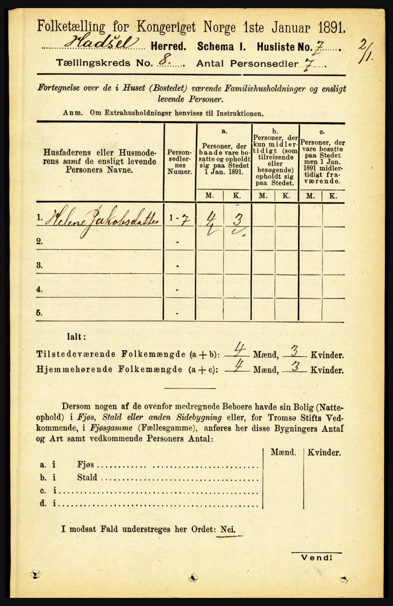 RA, 1891 census for 1866 Hadsel, 1891, p. 3538