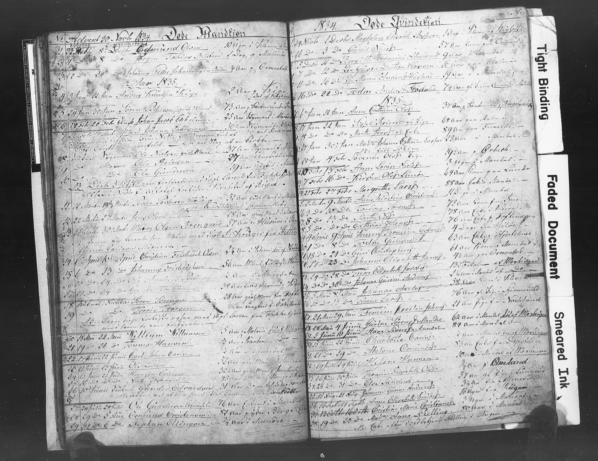 Mandal sokneprestkontor, SAK/1111-0030/F/Fb/Fba/L0003: Parish register (copy) no. B 1C, 1834-1838, p. 31