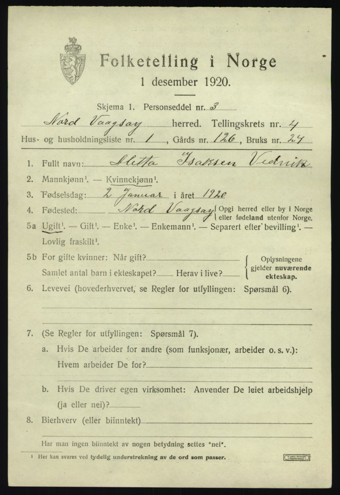 SAB, 1920 census for Nord-Vågsøy, 1920, p. 1446