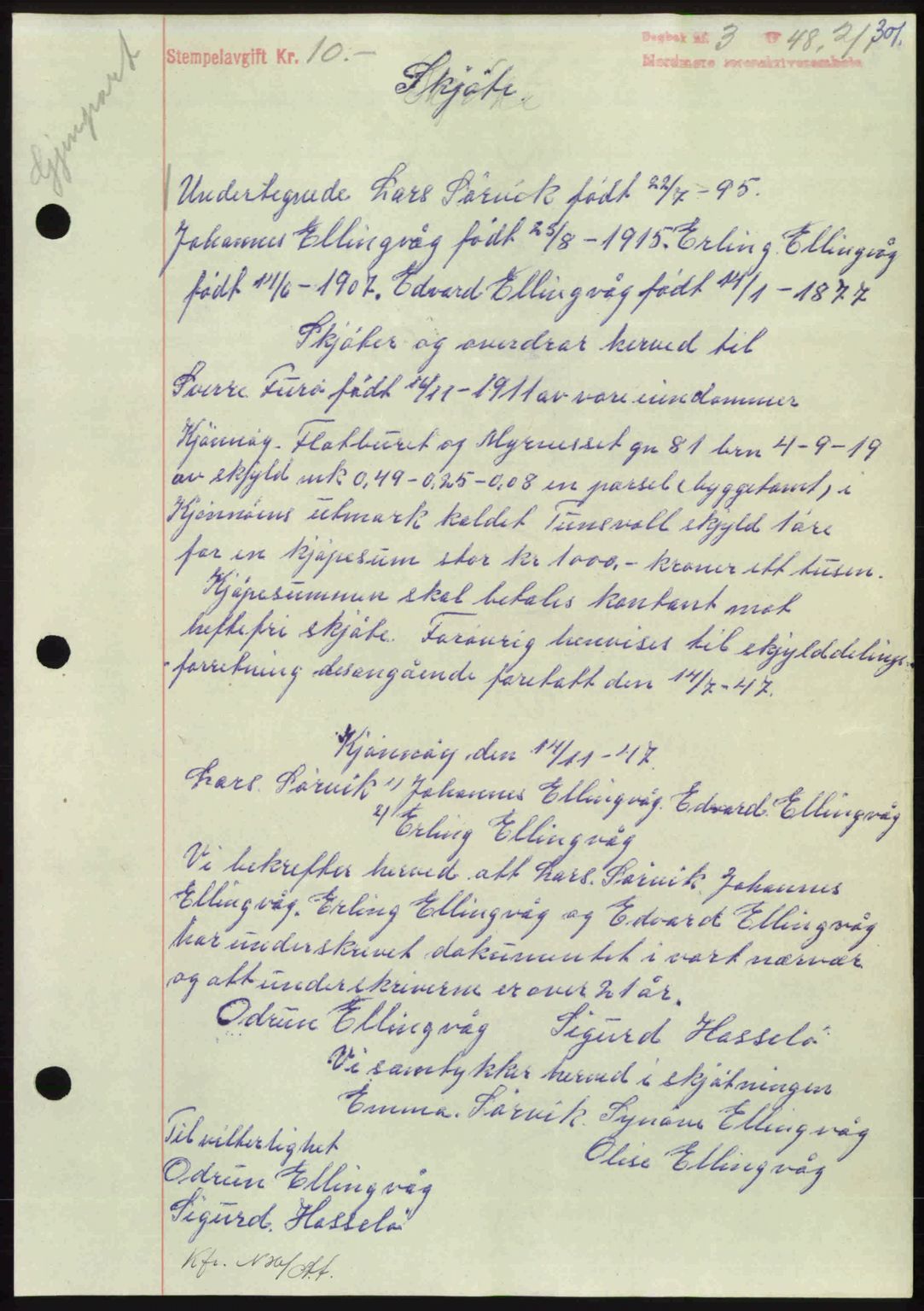 Nordmøre sorenskriveri, AV/SAT-A-4132/1/2/2Ca: Mortgage book no. A107, 1947-1948, Diary no: : 3/1948