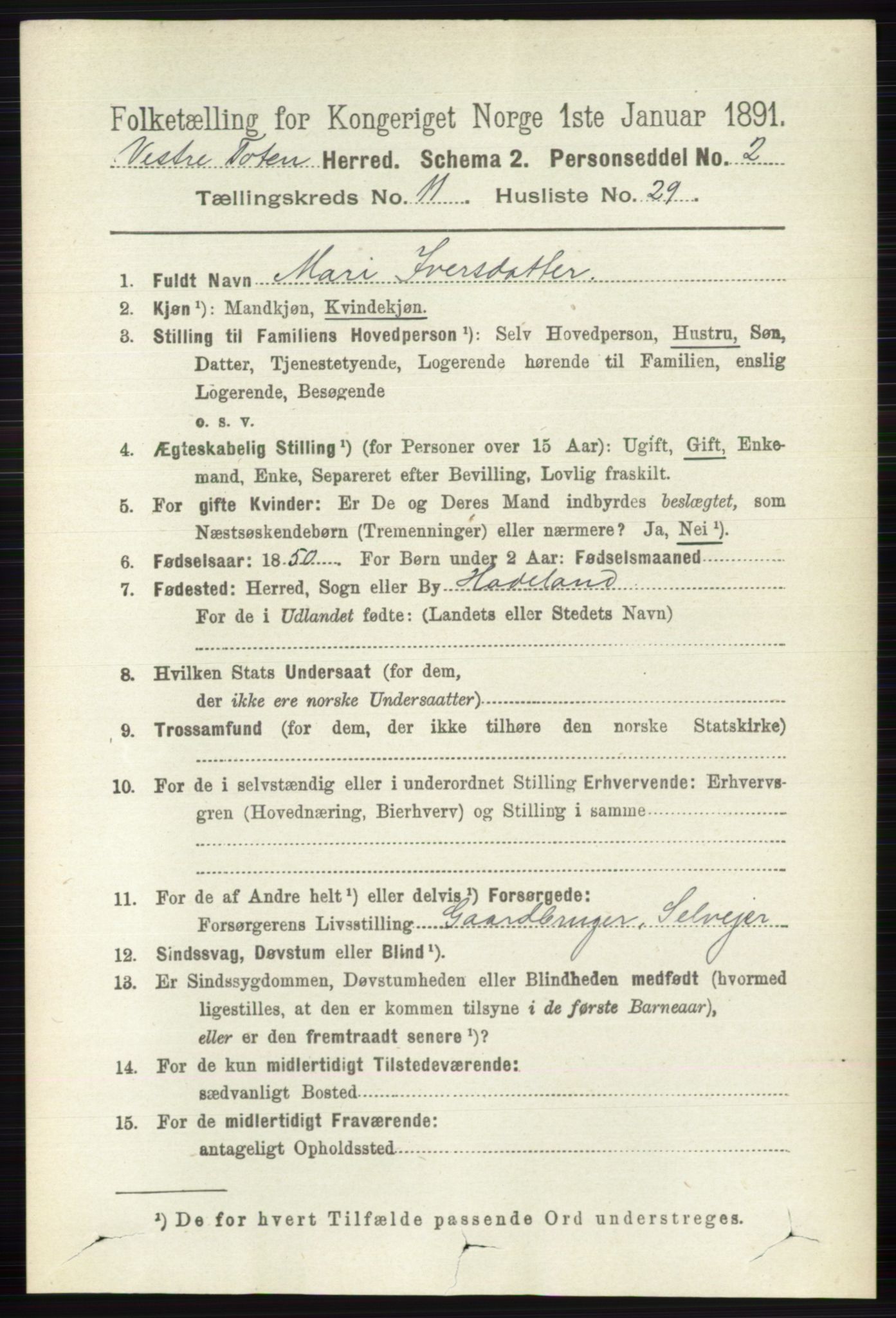 RA, 1891 census for 0529 Vestre Toten, 1891, p. 6858