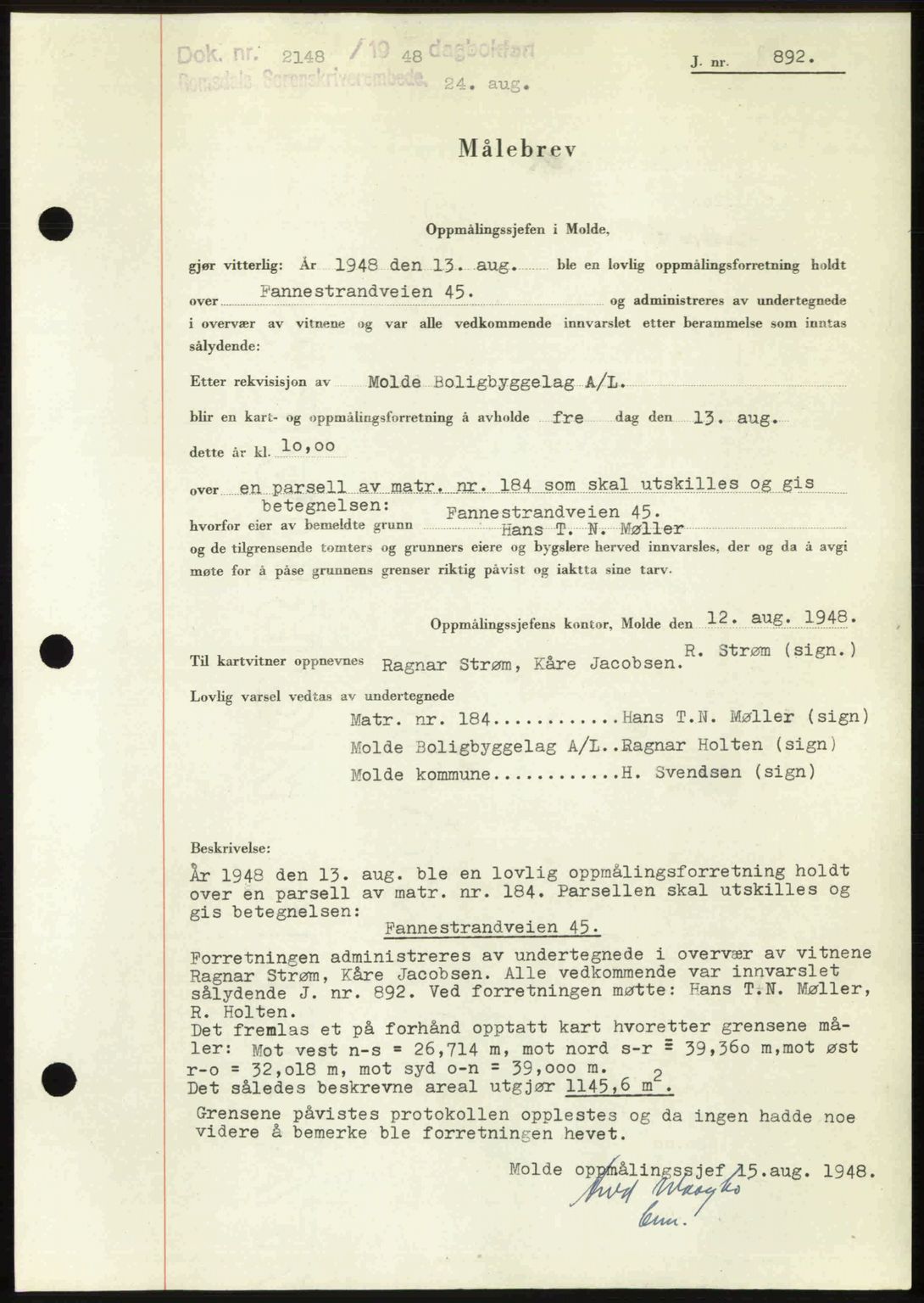 Romsdal sorenskriveri, AV/SAT-A-4149/1/2/2C: Mortgage book no. A27, 1948-1948, Diary no: : 2148/1948