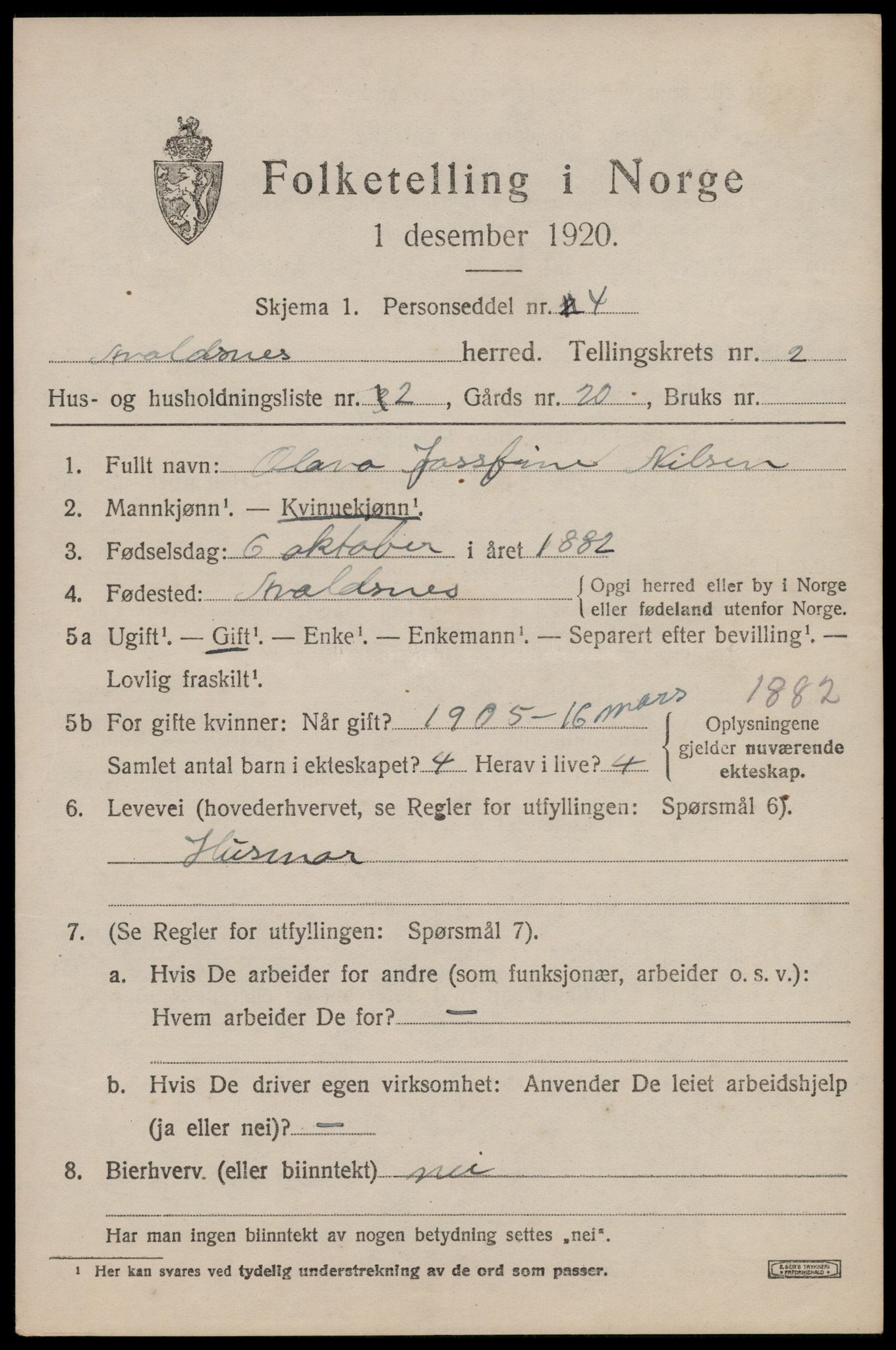 SAST, 1920 census for Avaldsnes, 1920, p. 1833