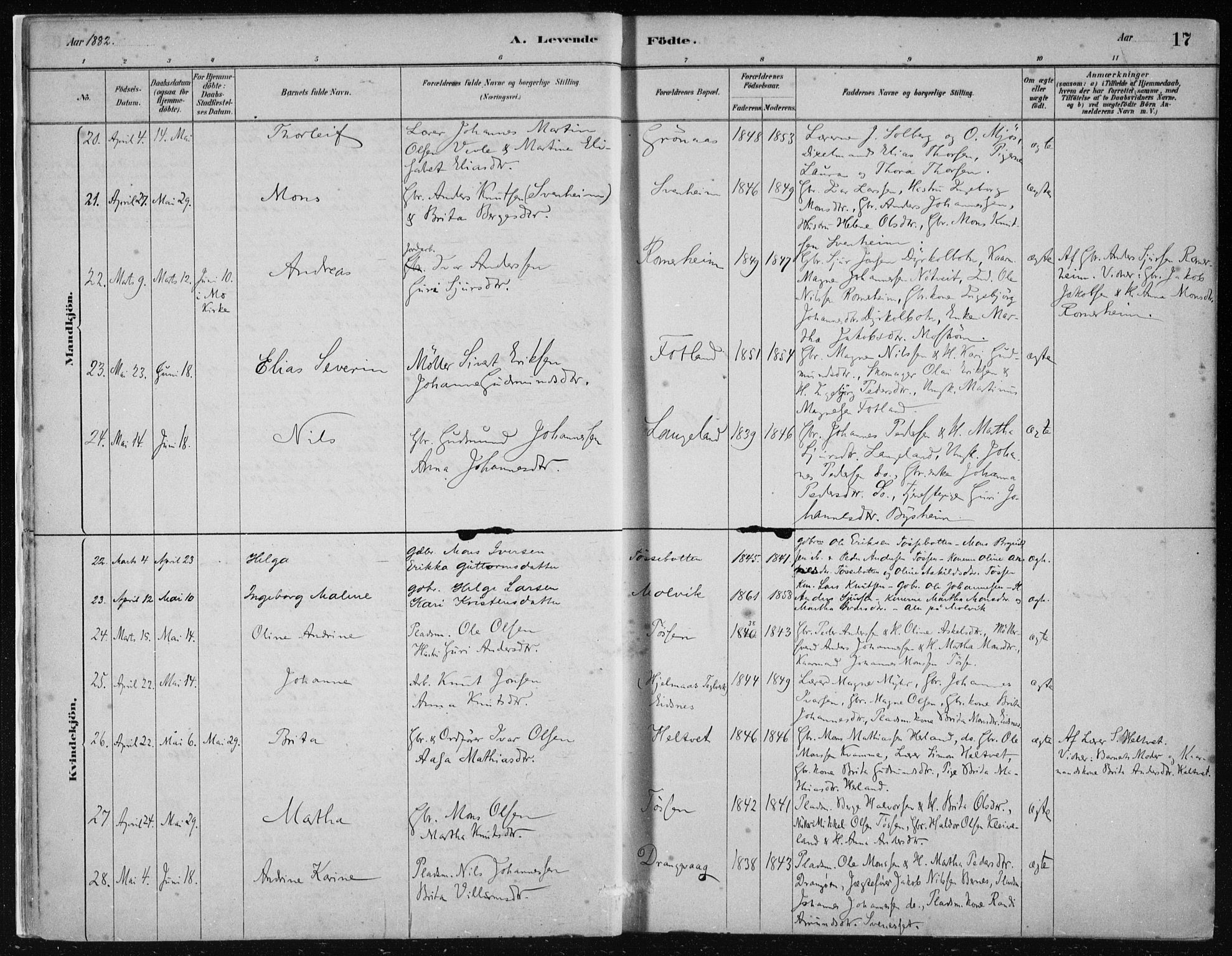 Hosanger sokneprestembete, AV/SAB-A-75801/H/Haa: Parish register (official) no. B  1, 1880-1896, p. 17