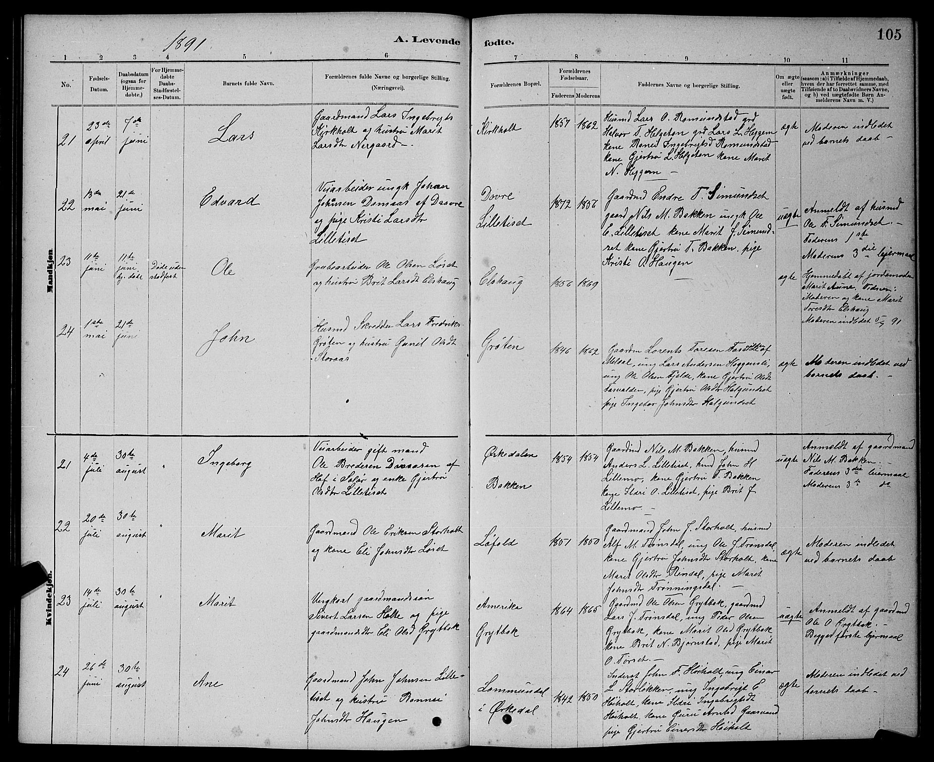 Ministerialprotokoller, klokkerbøker og fødselsregistre - Møre og Romsdal, AV/SAT-A-1454/598/L1077: Parish register (copy) no. 598C02, 1879-1891, p. 105