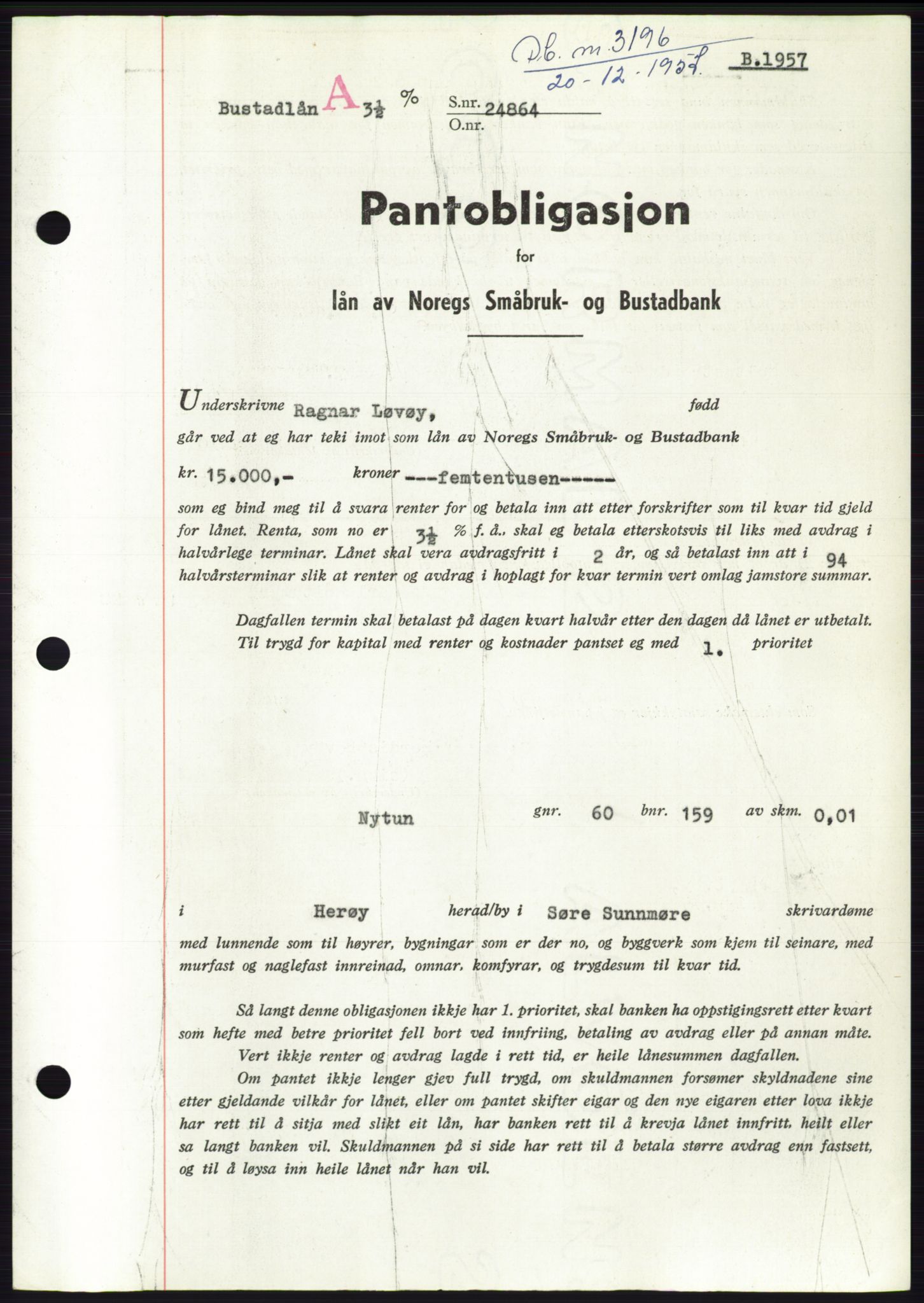 Søre Sunnmøre sorenskriveri, AV/SAT-A-4122/1/2/2C/L0130: Mortgage book no. 18B, 1957-1958, Diary no: : 3196/1957