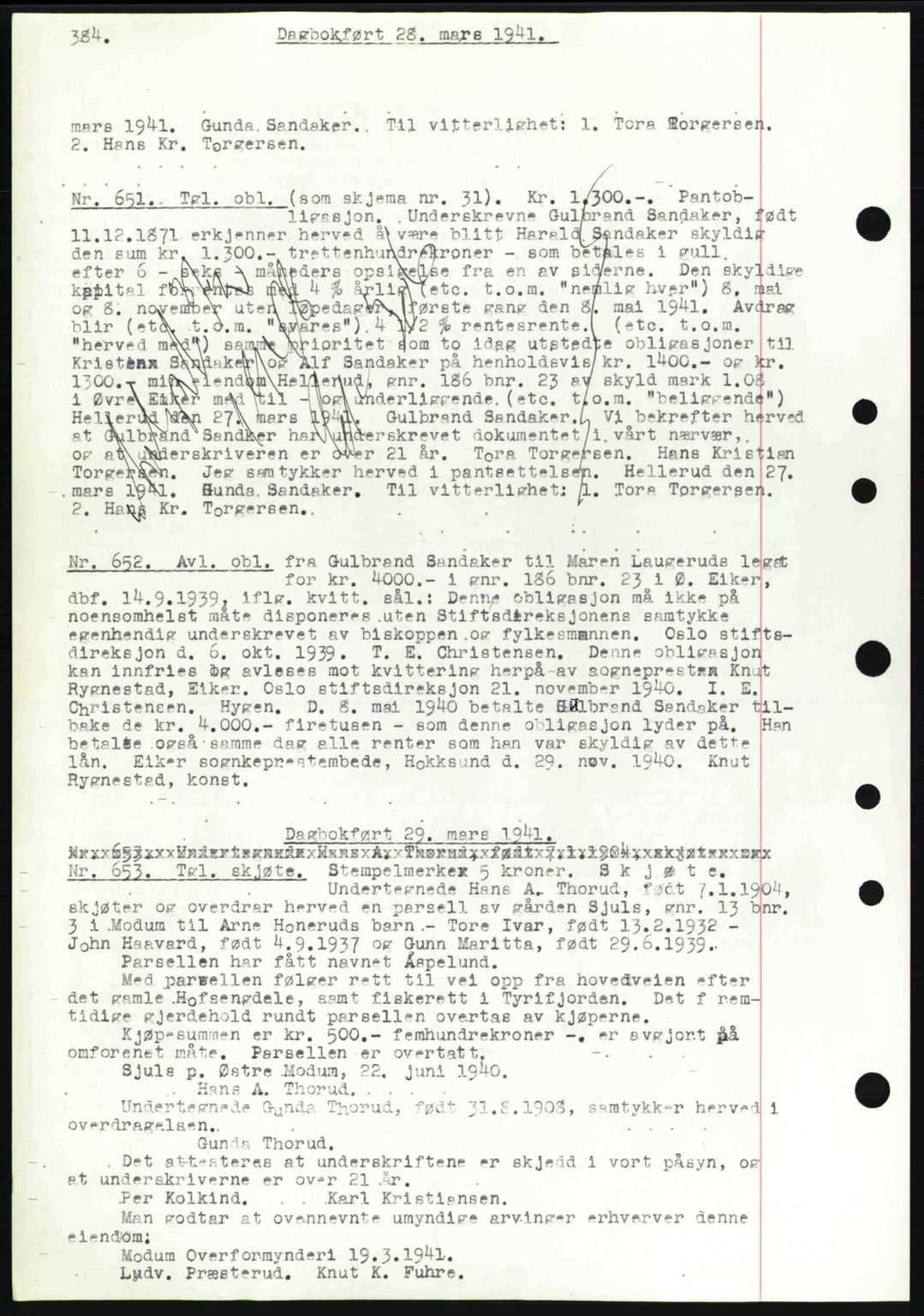 Eiker, Modum og Sigdal sorenskriveri, SAKO/A-123/G/Ga/Gab/L0043: Mortgage book no. A13, 1940-1941, Diary no: : 651/1941