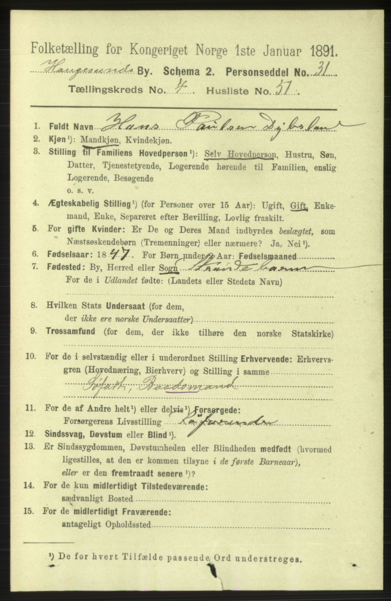 RA, 1891 census for 1106 Haugesund, 1891, p. 1929