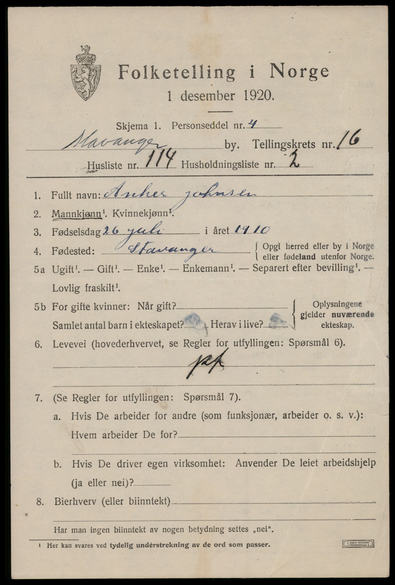 SAST, 1920 census for Stavanger, 1920, p. 65218