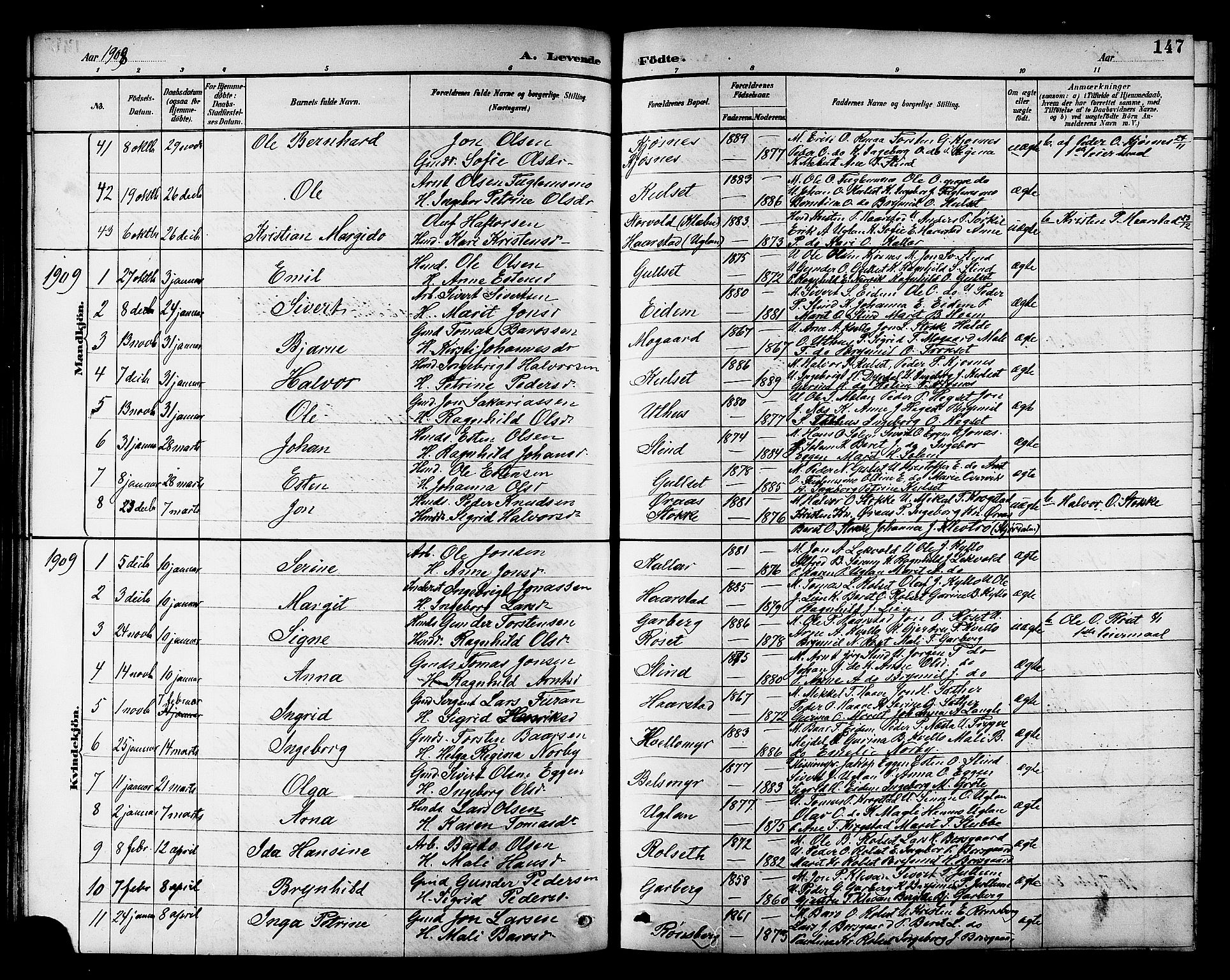 Ministerialprotokoller, klokkerbøker og fødselsregistre - Sør-Trøndelag, SAT/A-1456/695/L1157: Parish register (copy) no. 695C08, 1889-1913, p. 147