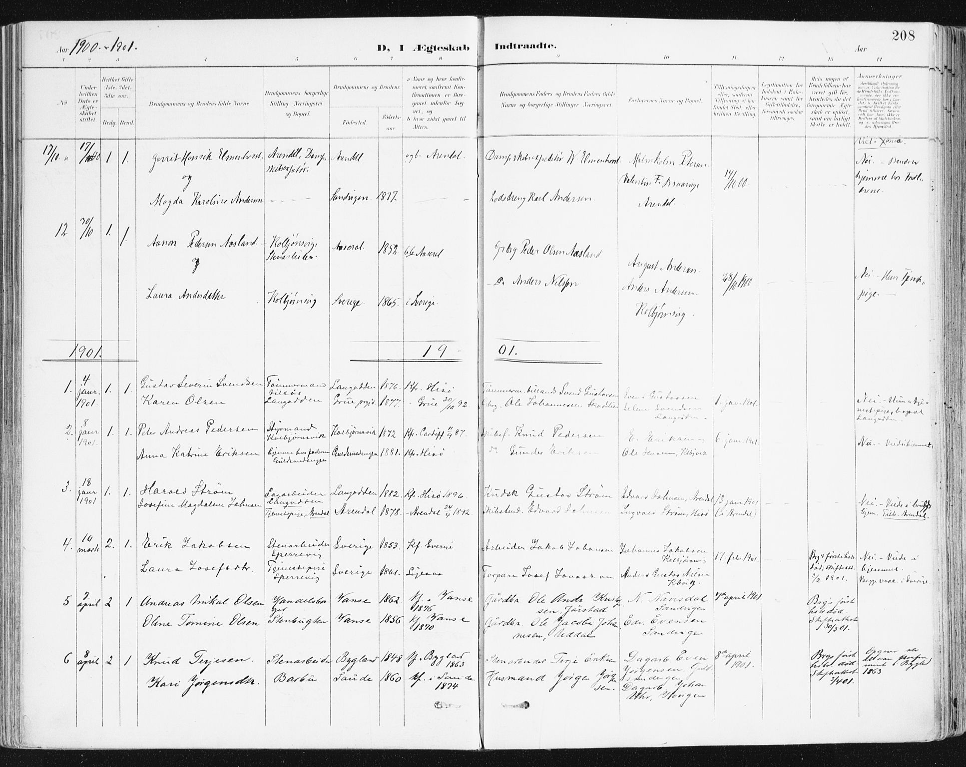 Hisøy sokneprestkontor, AV/SAK-1111-0020/F/Fa/L0004: Parish register (official) no. A 4, 1895-1917, p. 208