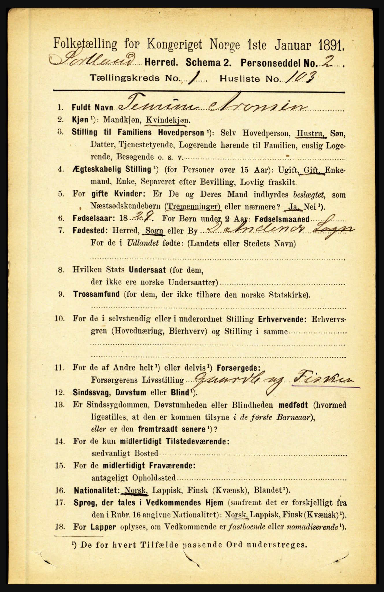 RA, 1891 census for 1870 Sortland, 1891, p. 834