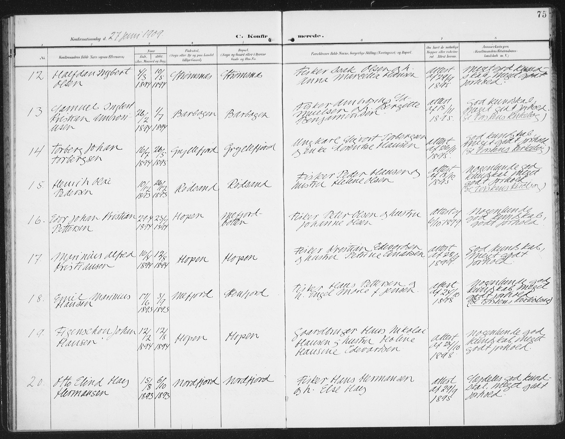 Berg sokneprestkontor, AV/SATØ-S-1318/G/Ga/Gaa/L0007kirke: Parish register (official) no. 7, 1906-1915, p. 75