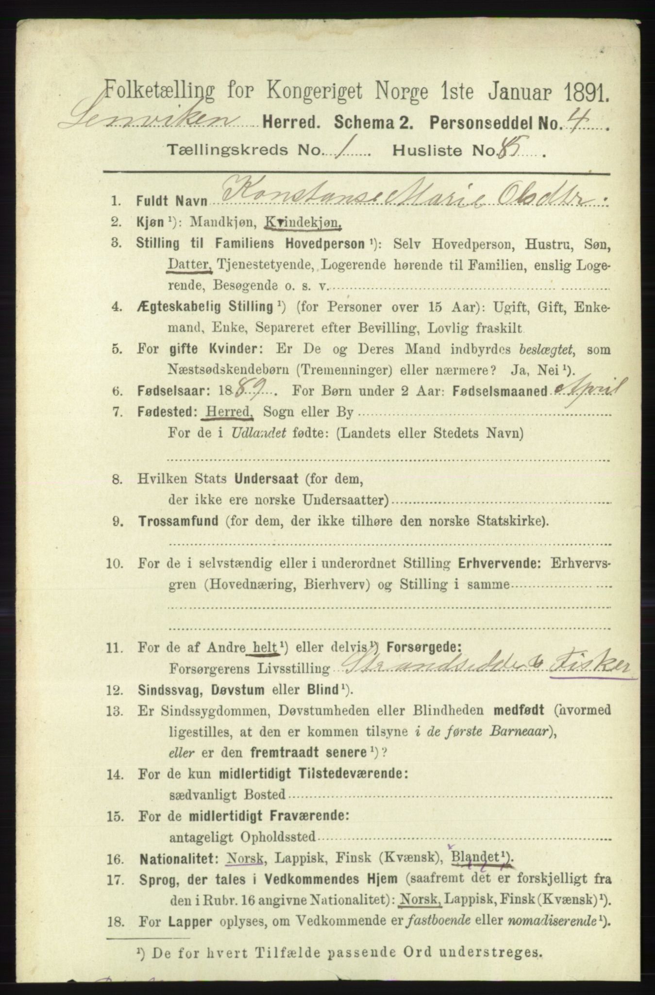 RA, 1891 census for 1931 Lenvik, 1891, p. 698