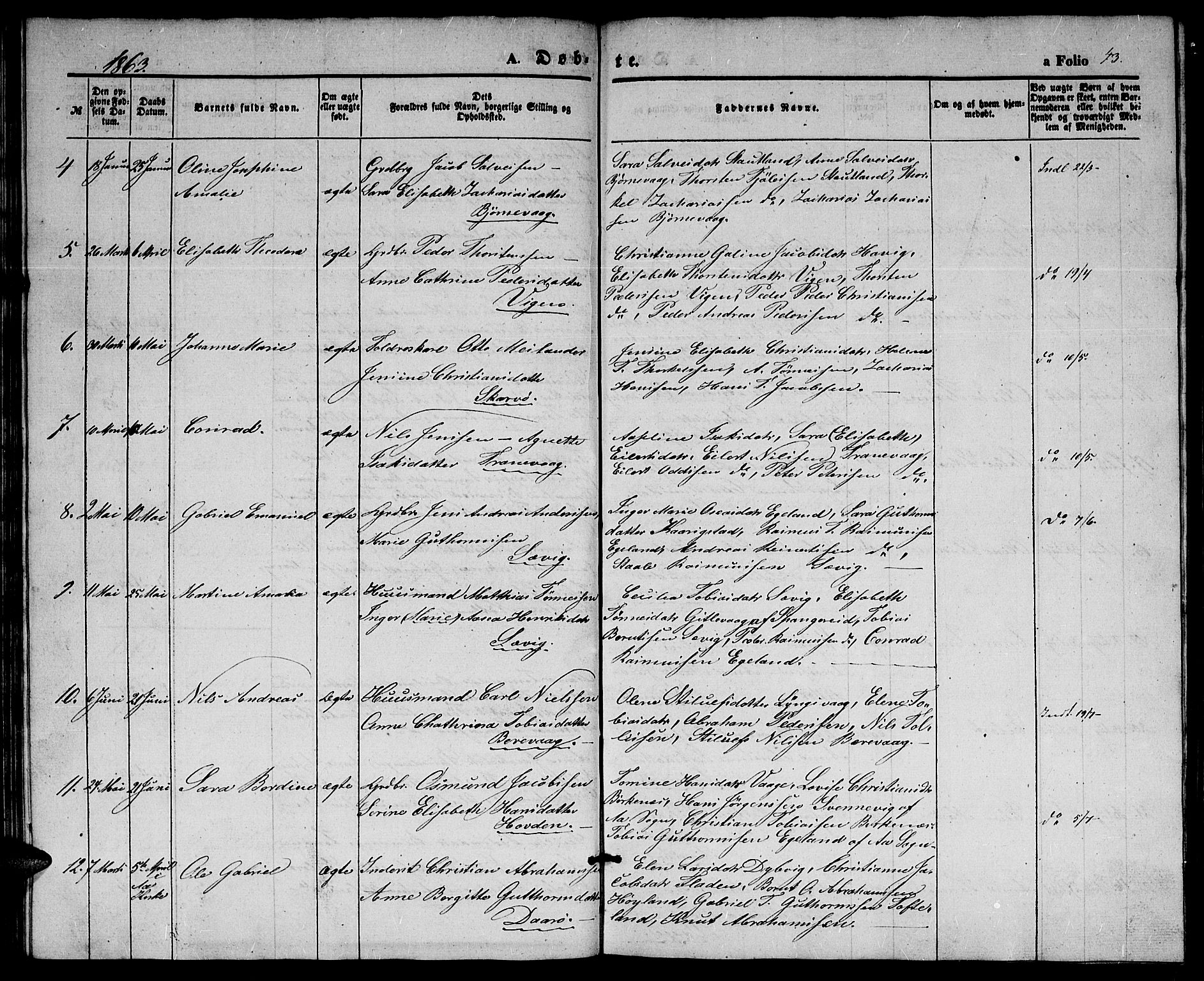 Herad sokneprestkontor, SAK/1111-0018/F/Fb/Fbb/L0002: Parish register (copy) no. B 2, 1853-1871, p. 43