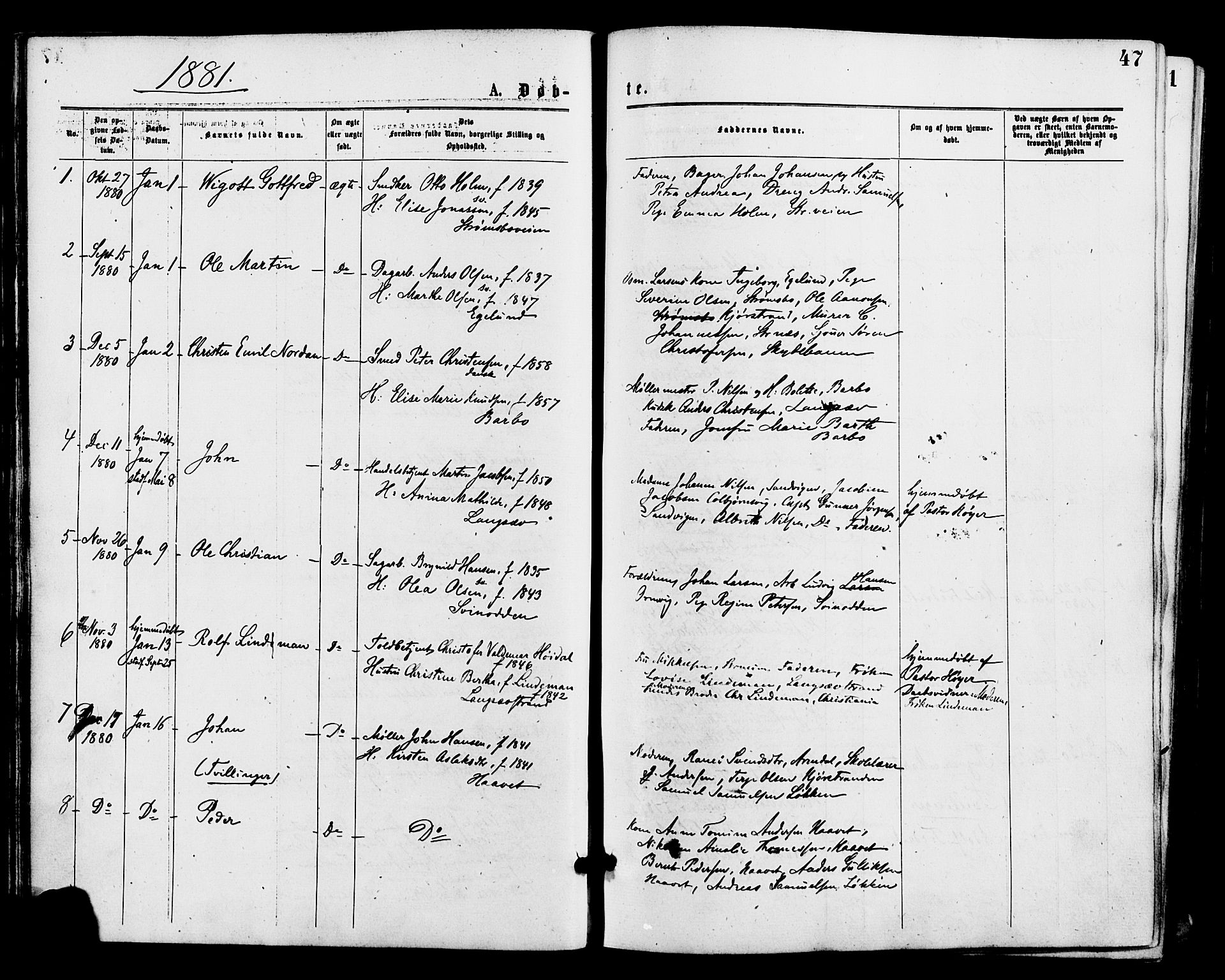 Barbu sokneprestkontor, AV/SAK-1111-0003/F/Fa/L0001: Parish register (official) no. A 1 /1, 1878-1883, p. 47