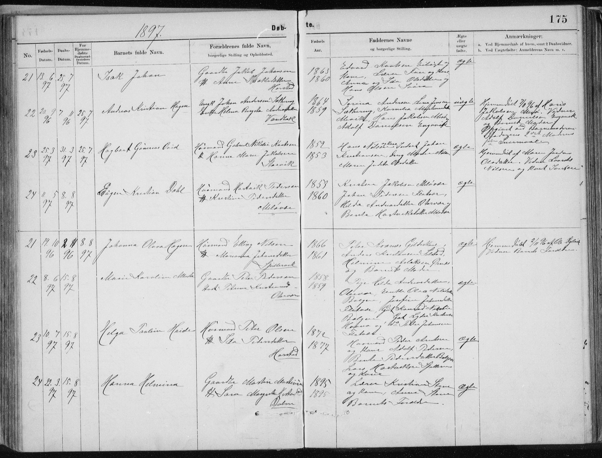 Ministerialprotokoller, klokkerbøker og fødselsregistre - Nordland, AV/SAT-A-1459/843/L0636: Parish register (copy) no. 843C05, 1884-1909, p. 175