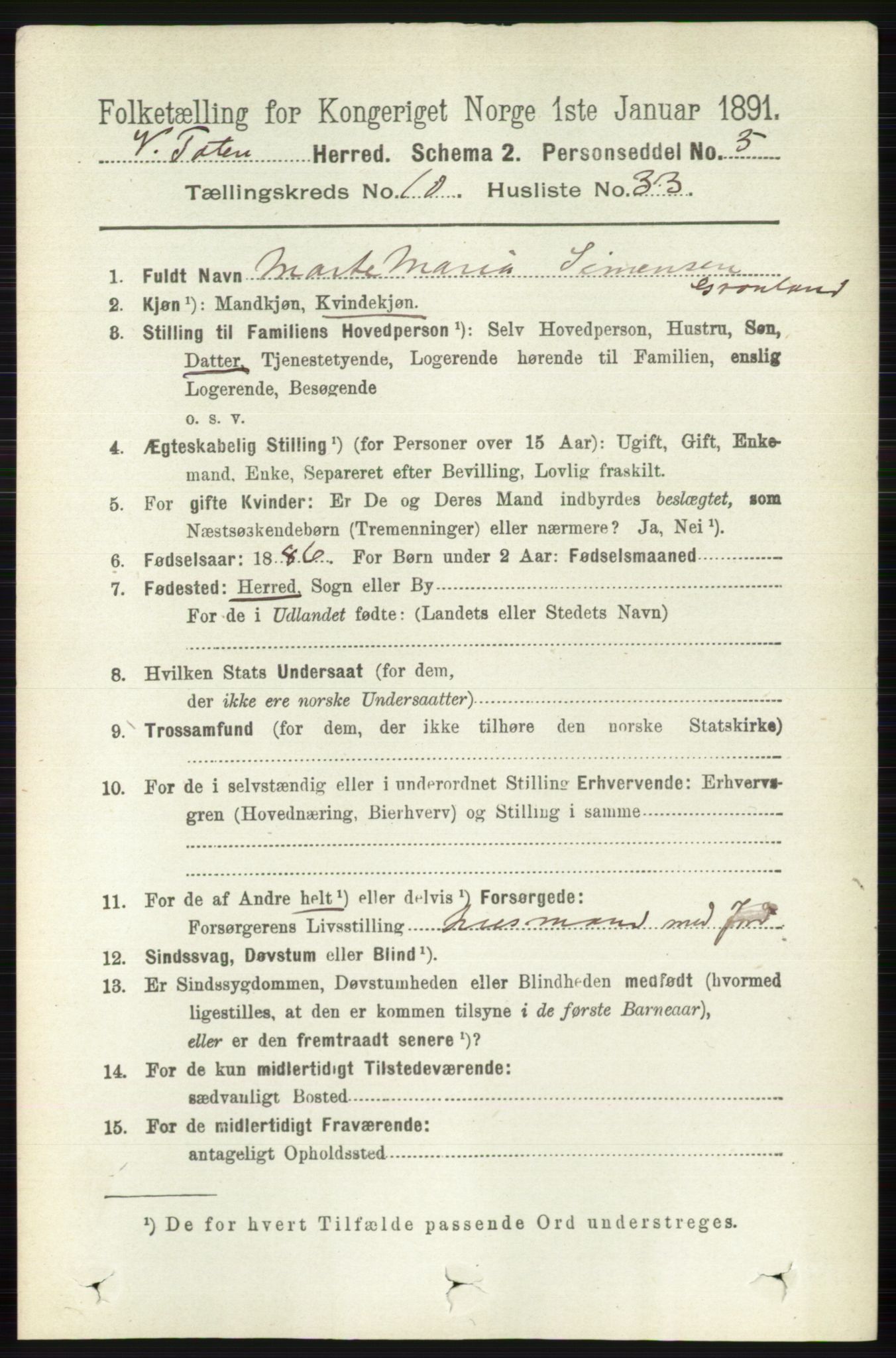 RA, 1891 census for 0529 Vestre Toten, 1891, p. 6398