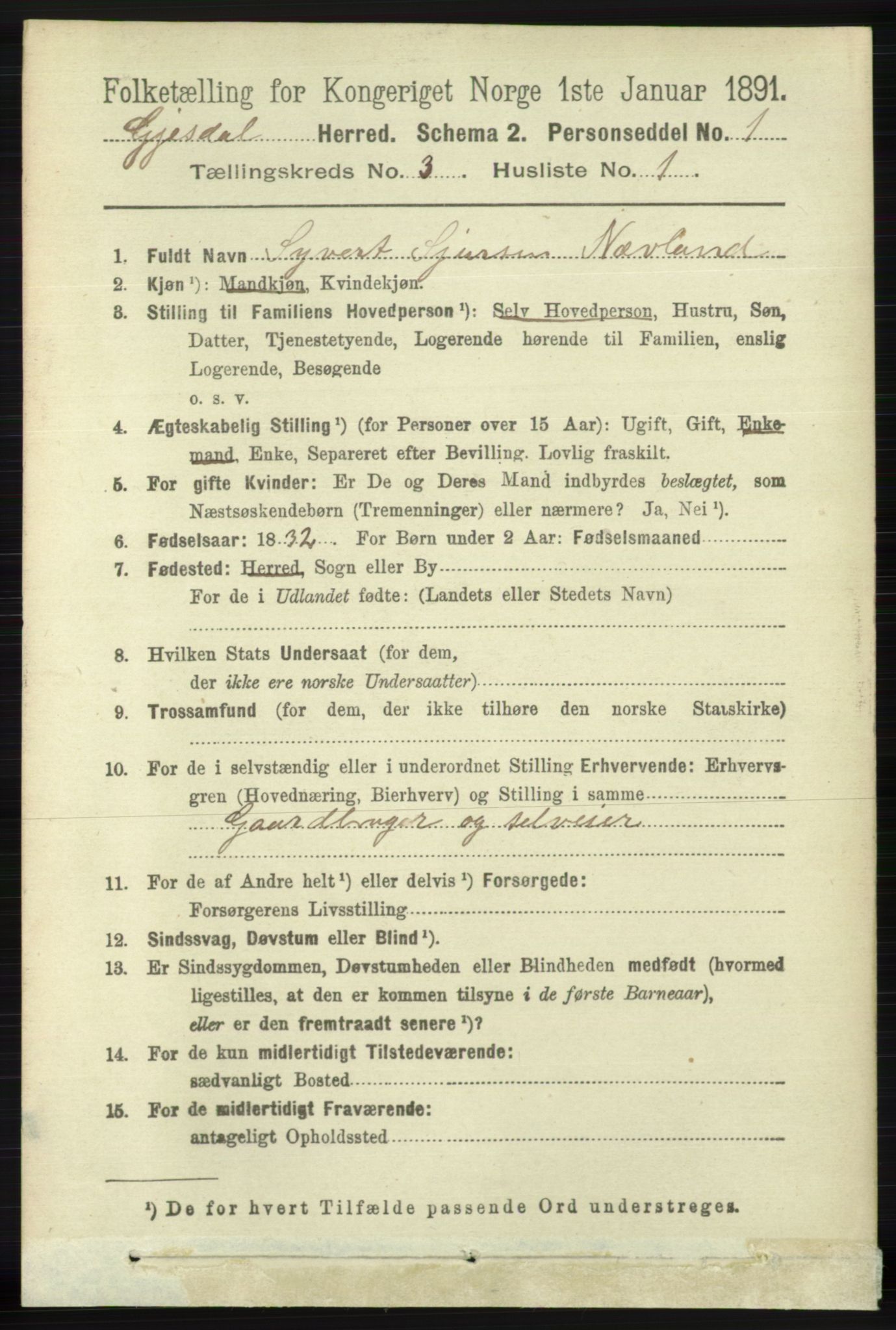 RA, 1891 census for 1122 Gjesdal, 1891, p. 734