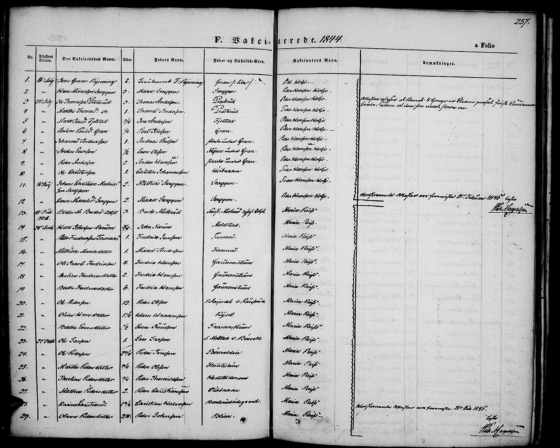 Vestre Toten prestekontor, SAH/PREST-108/H/Ha/Haa/L0004: Parish register (official) no. 4, 1844-1849, p. 257