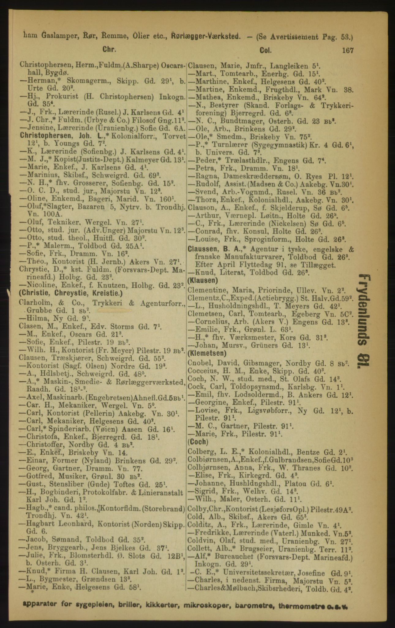 Kristiania/Oslo adressebok, PUBL/-, 1891, p. 167