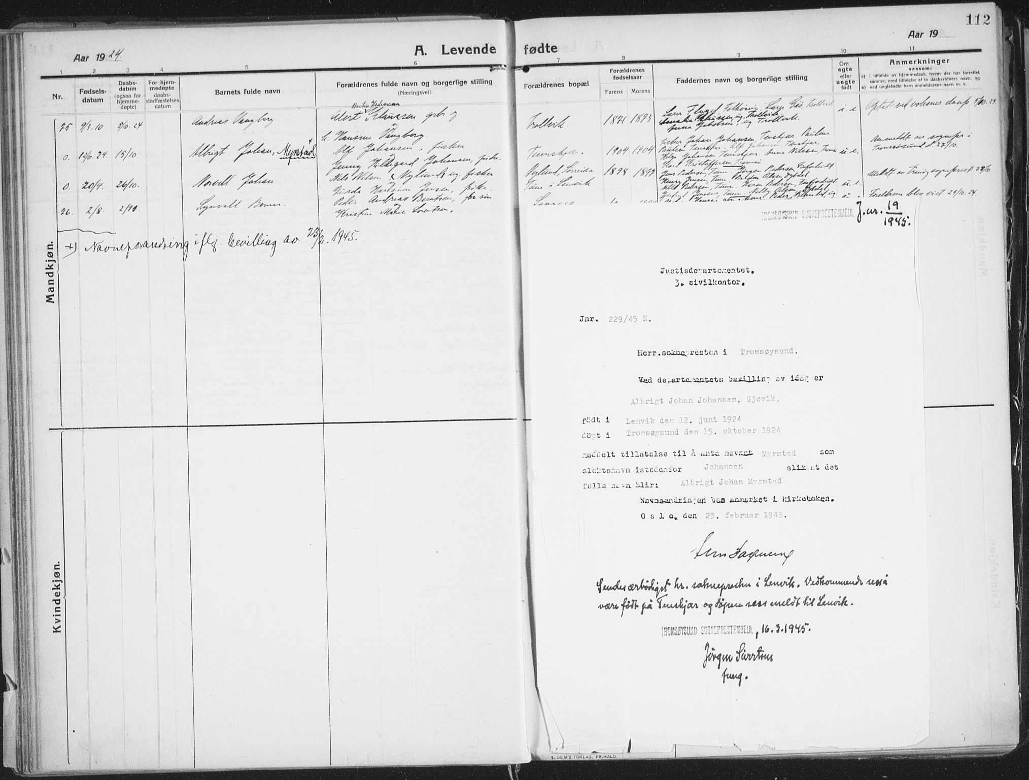 Lenvik sokneprestembete, AV/SATØ-S-1310/H/Ha/Haa/L0016kirke: Parish register (official) no. 16, 1910-1924, p. 112