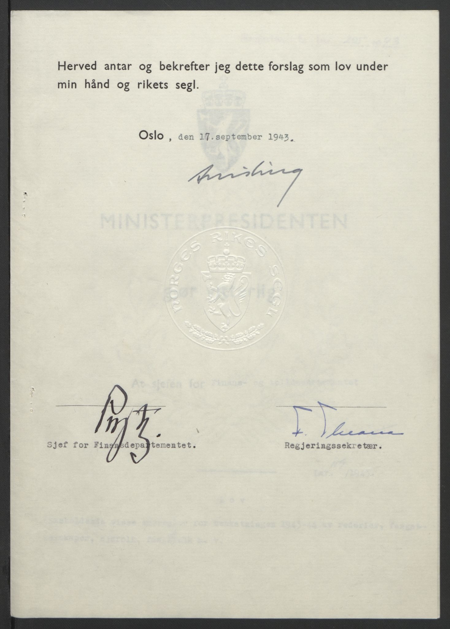 NS-administrasjonen 1940-1945 (Statsrådsekretariatet, de kommisariske statsråder mm), RA/S-4279/D/Db/L0099: Lover, 1943, p. 557